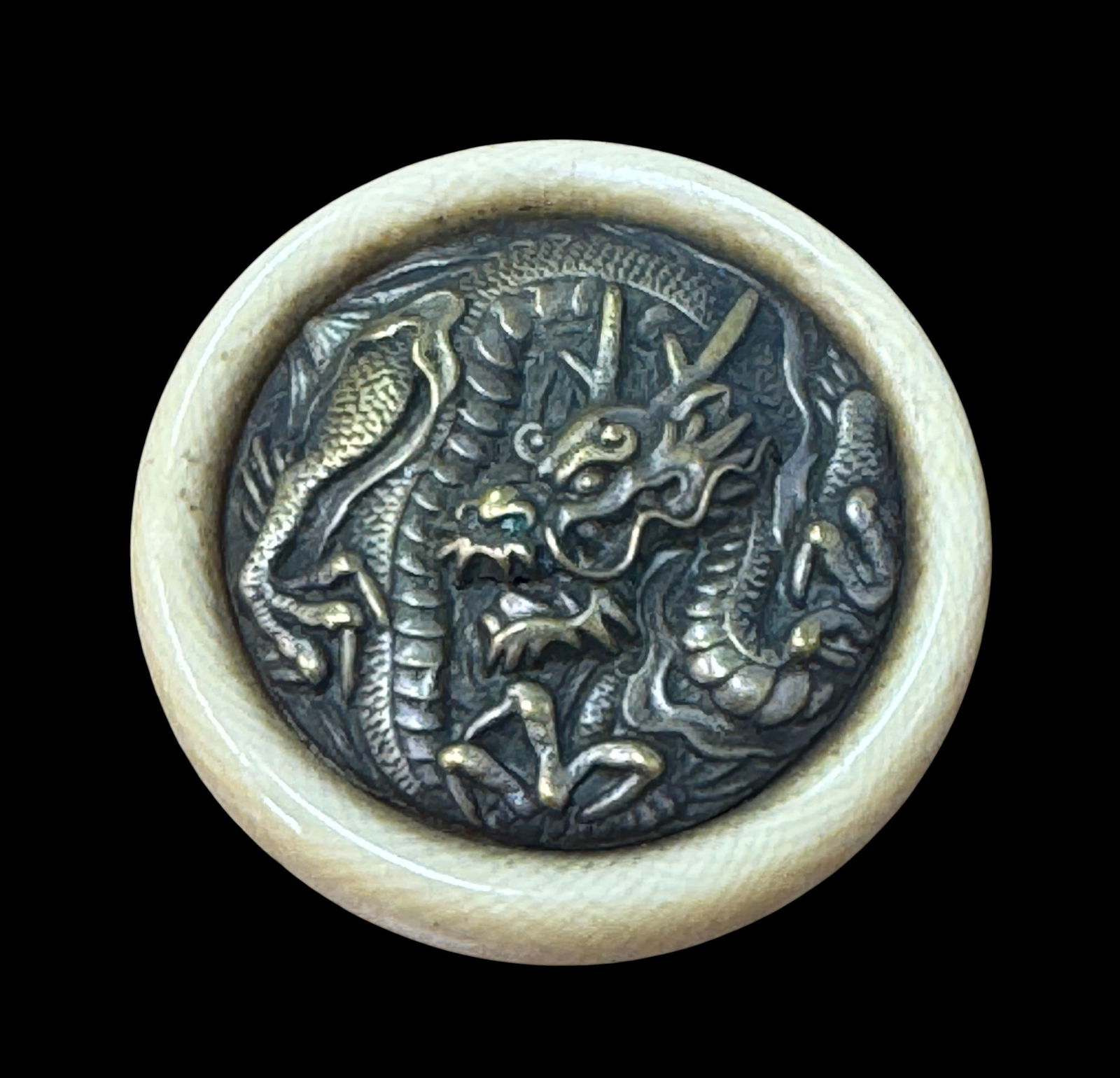 Meiji Period Japanese Circular Bone and Silvered Kagamibuta Netsuke (1 of 3)