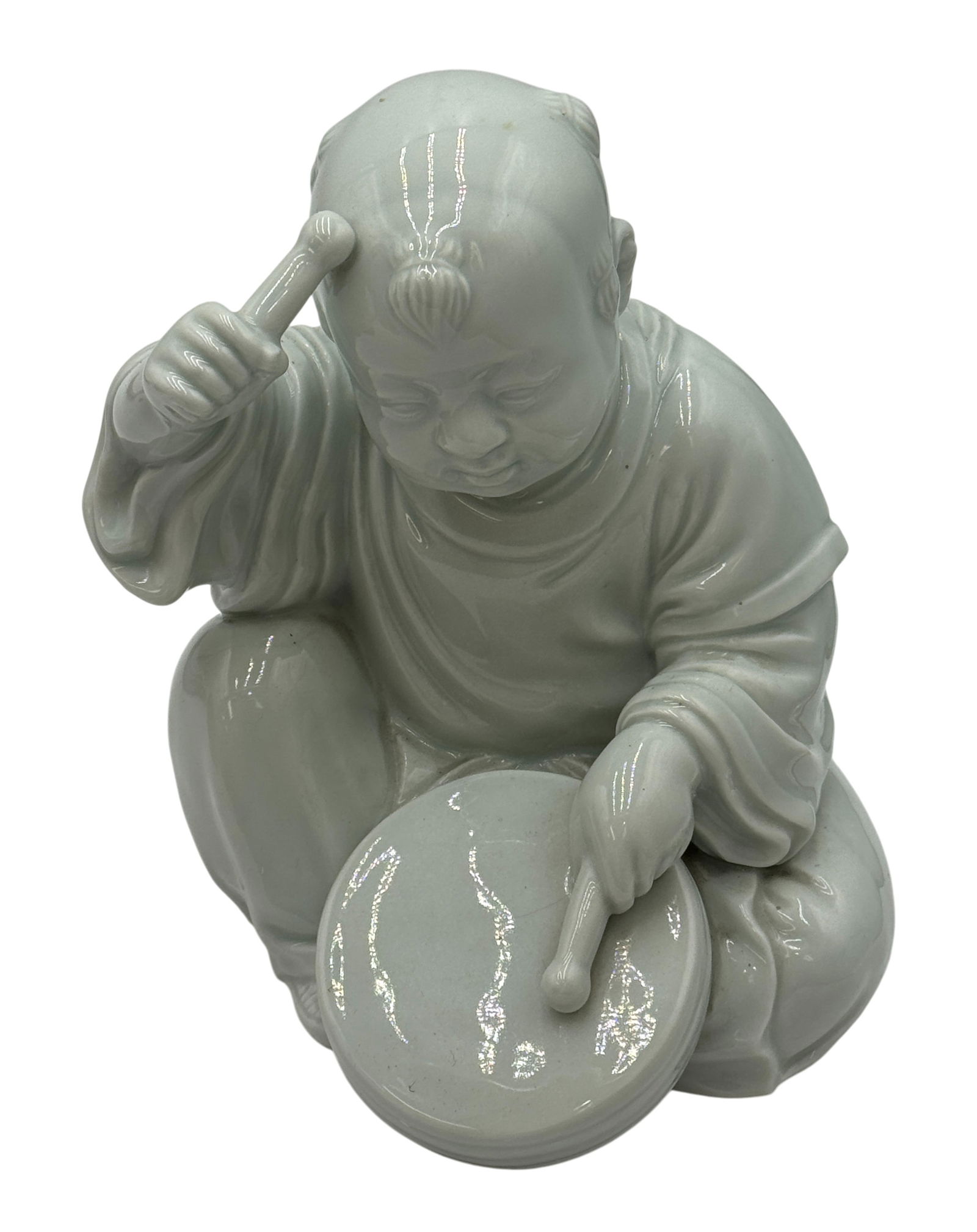 Antique Japanese Kutani White Glaze Boy Figure Playing Drum.: Antique Japanese Kutani White Glaze Boy Figure Playing Drum. Dimension 9" x 7" x 8" A/R