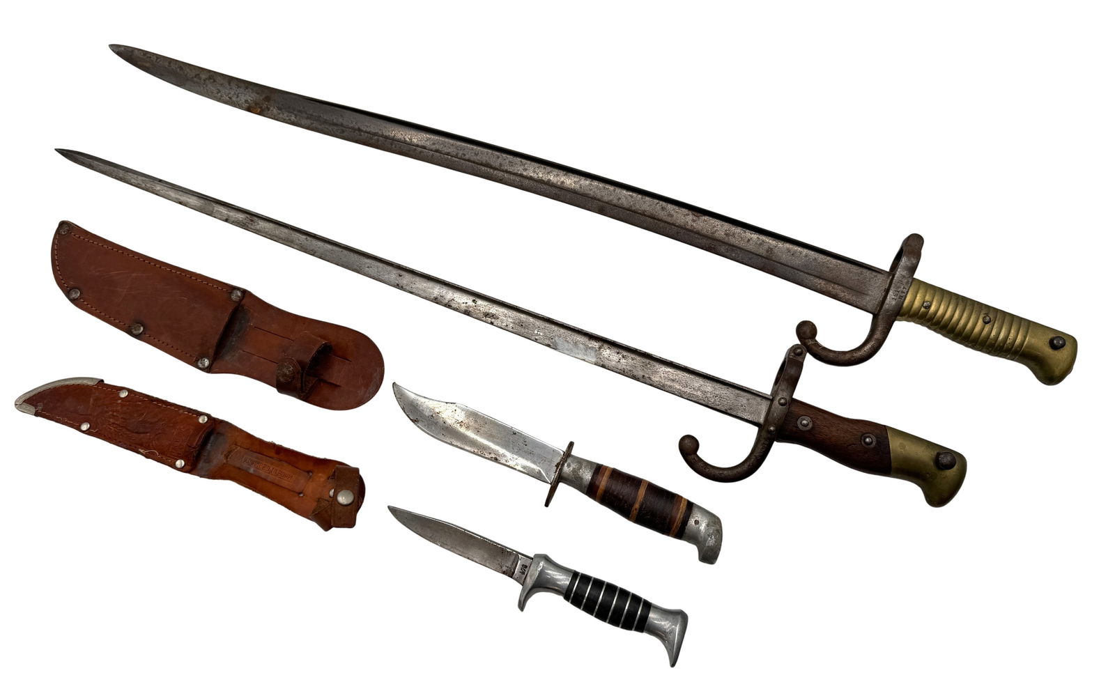 Lot of 4 Mid-19th Century Franch Bayonets and Vintage Hunting Knives with Leather Sheaths (1 of 5)