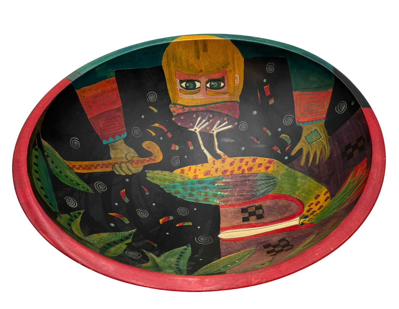 Hand Painted Mexican Wooden Bowl Signed Ingrid Znika C. 1994 (1 of 3)