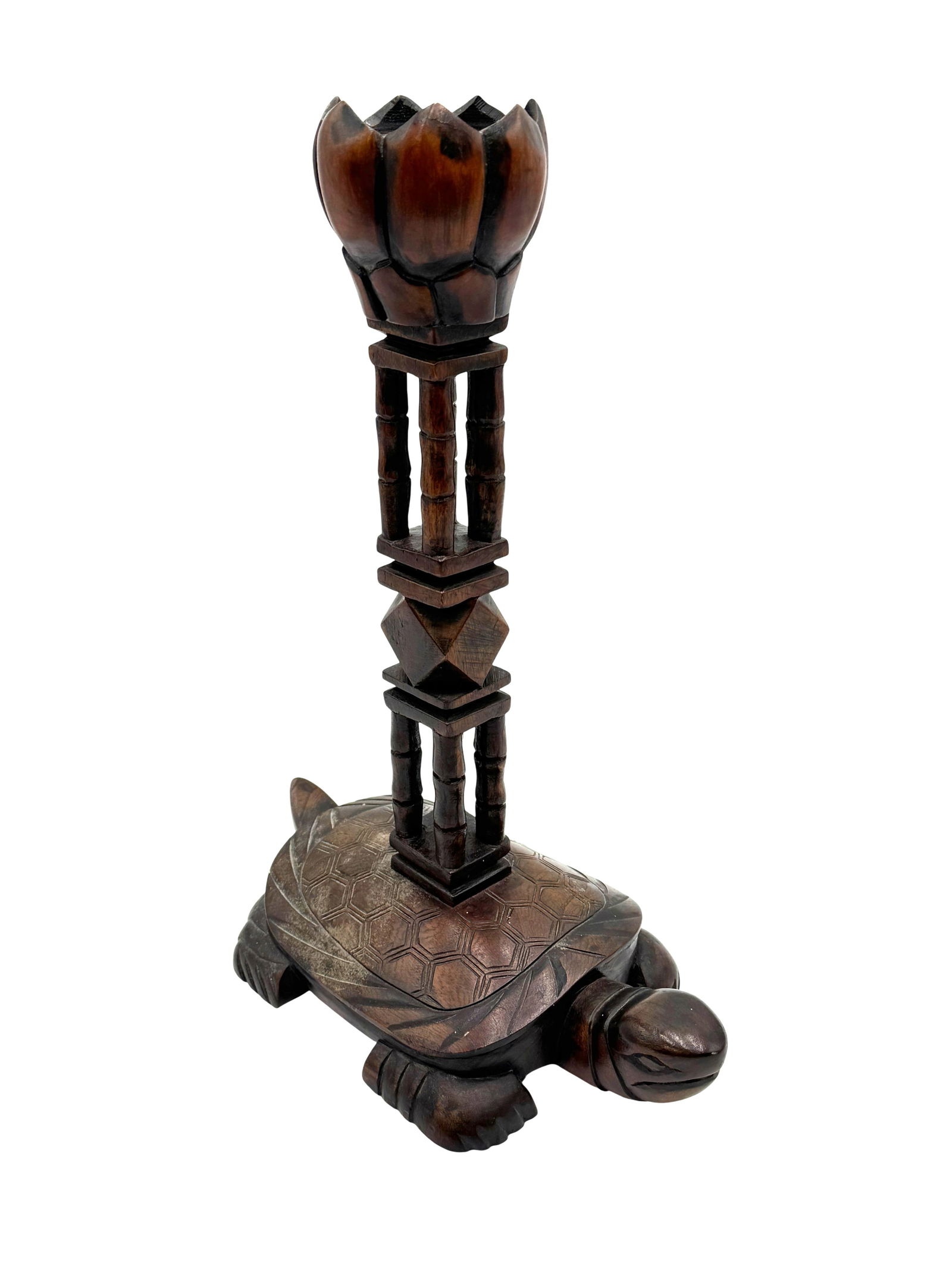 1960s Hand-Carved Wood Turtle Candlestick: 1960s Hand-Carved Wood Turtle Candlestick. Dimension 16" x 6" x 11" A/R