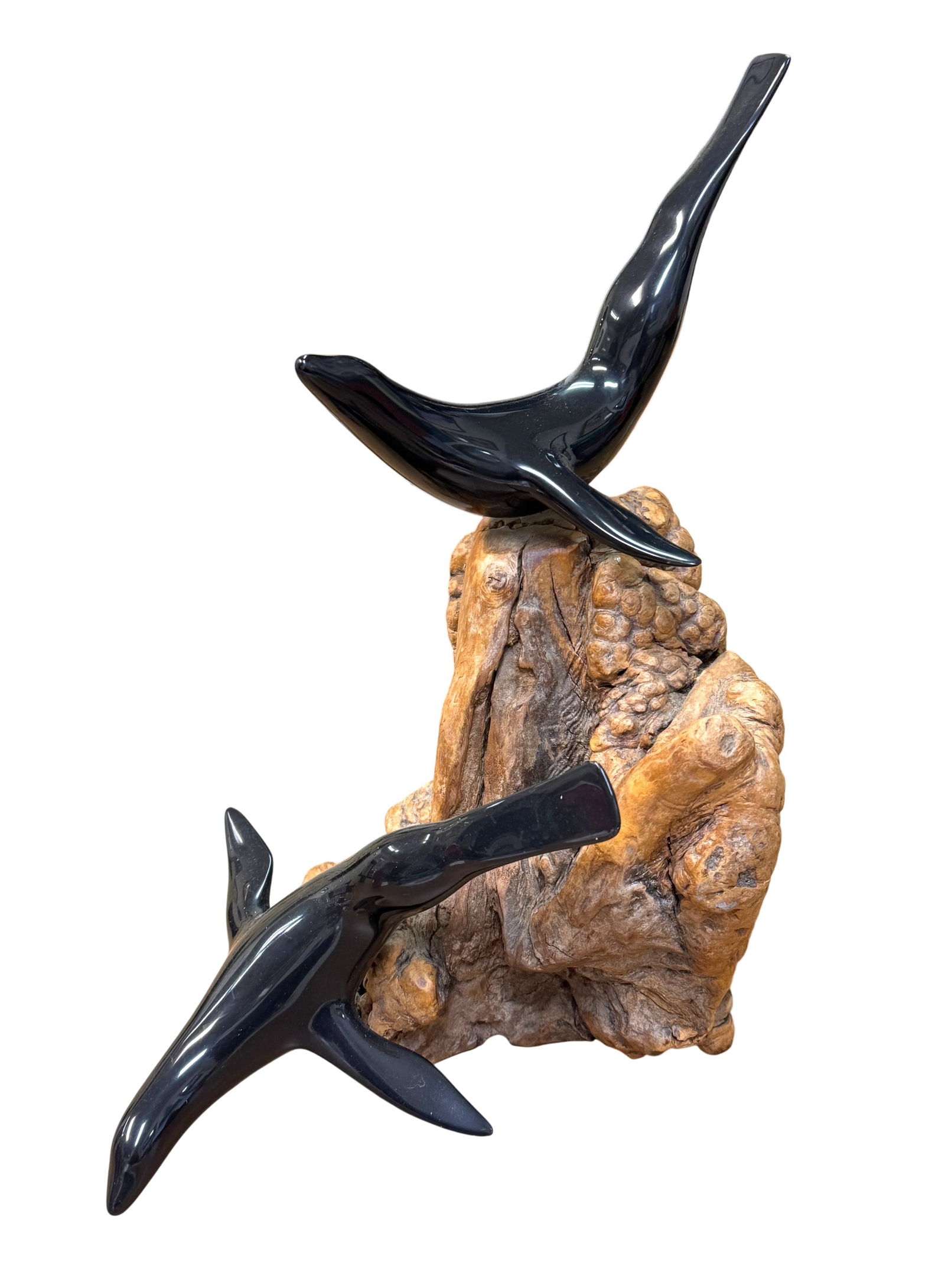 John Perry Studio Black Seals Sculpture on Burlwood: John Perry Studio Black Seals Sculpture on Burlwood. Dimension 14" x 10" x 13" A/R
