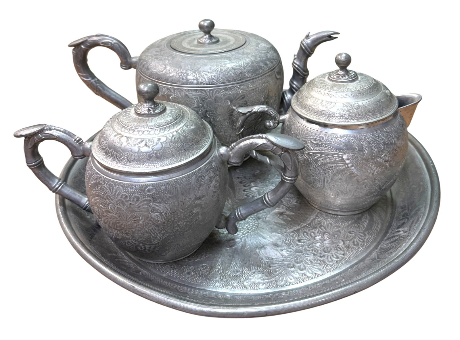 Antique 19th Century Huikee Swatow Dragon Pewter Tea Service Set (1 of 6)