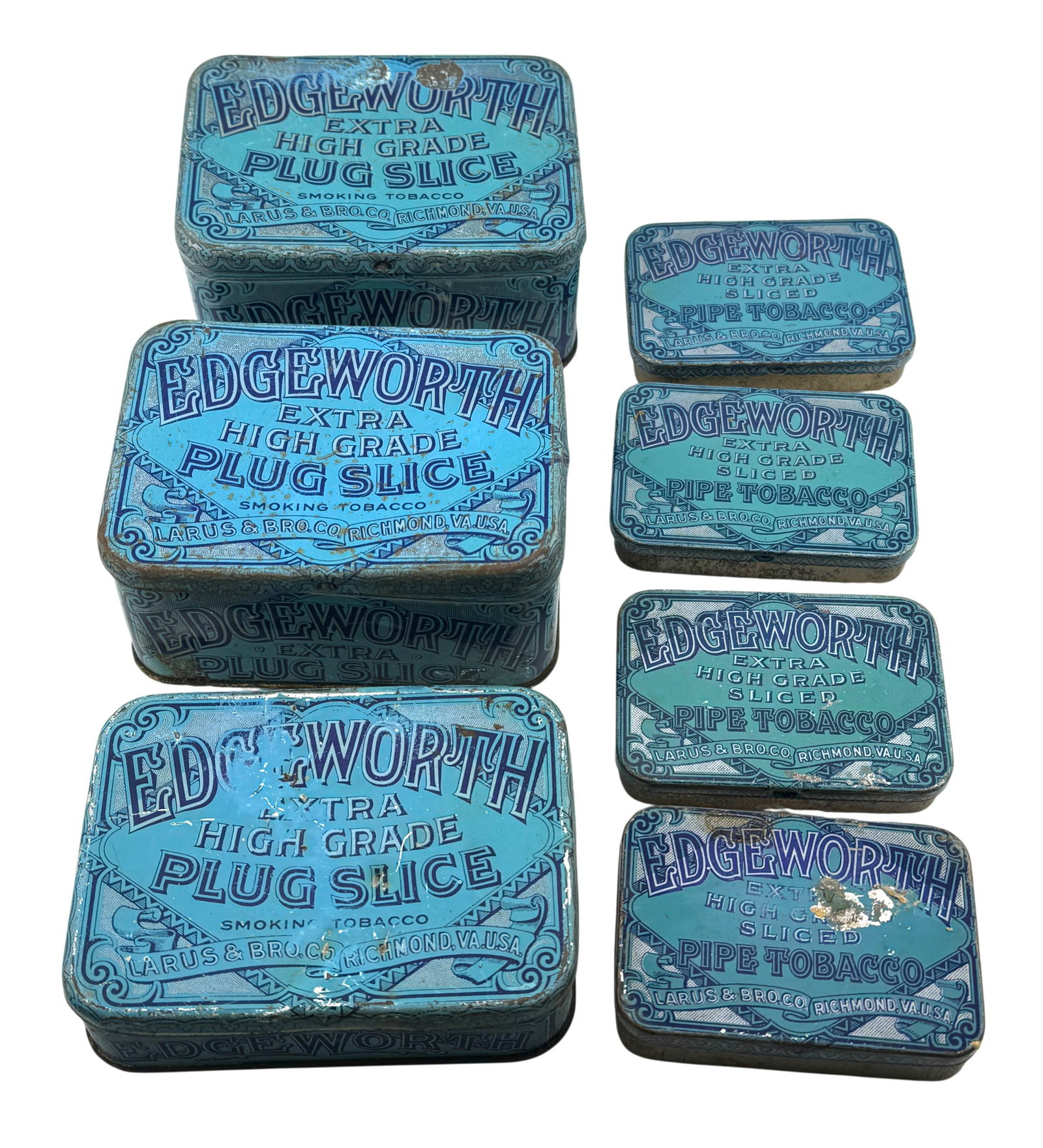 Collection of Antique Edgewood Extra High Grade Tabacco Tin Boxes: Collection of Antique Edgewood Extra High Grade Tabacco Tin Boxes. Largest 4.5" x 2 x 3.5" A/R