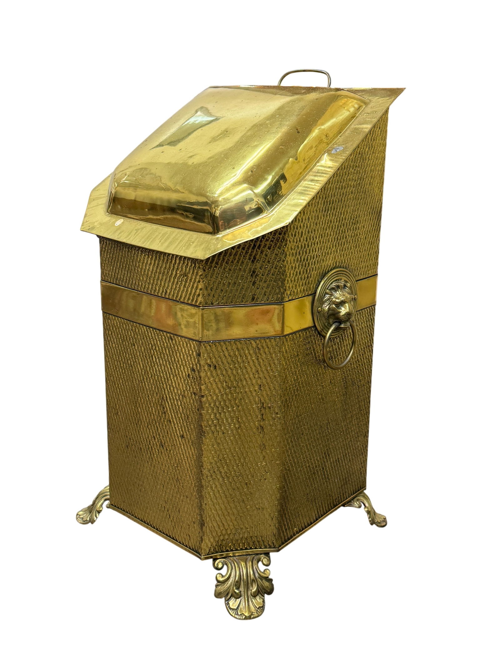 Antique Brass Coal Hod Fireplace Scuttle Lion Head Footed (1 of 6)