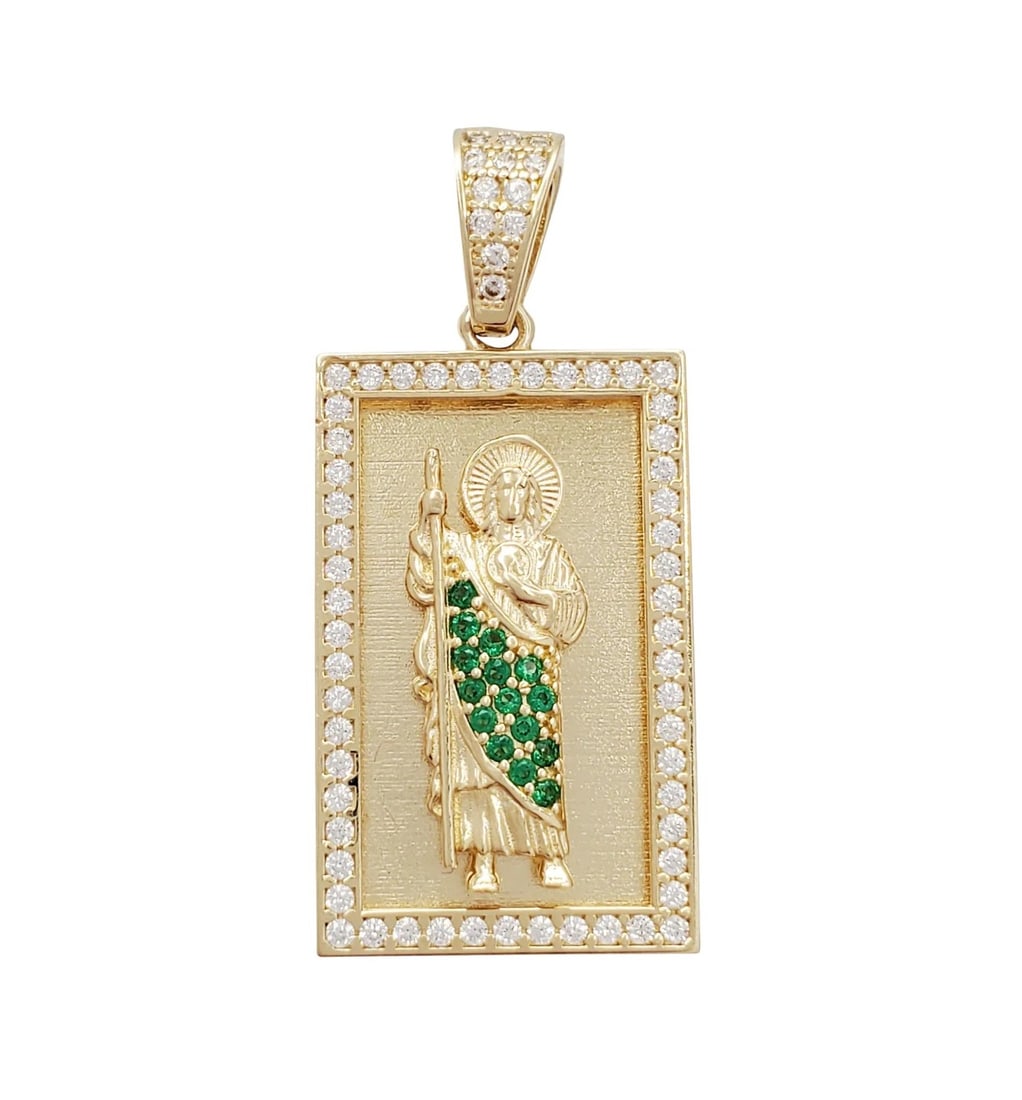 Saint Jude Rectangular Shrine 14K Necklace: Saint Jude Rectangular Shrine 14K Necklace with Cubic Zirconia Stone. Dimension 33.4mm x 15.4mm, Necklace length 16.5" Weight 4.2 Grams j/m