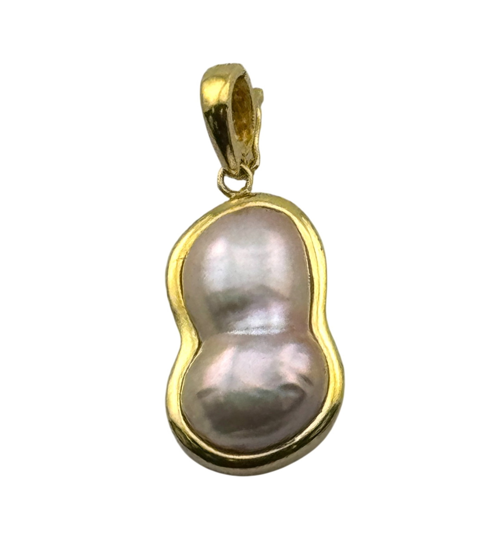Pearl & 14 Kt Gold Pendant: Double pearl and 14 kt gold pendant. Marked 14 kt. Weighs 5.26 grams. Pearl pendant piece measures 1 inch in length. Stamped "14K, 585"