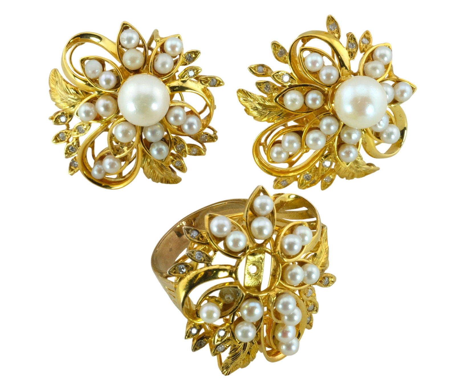 Vintage 10K Yellow Gold Pearl Ring and Earrings Set (1 of 5)