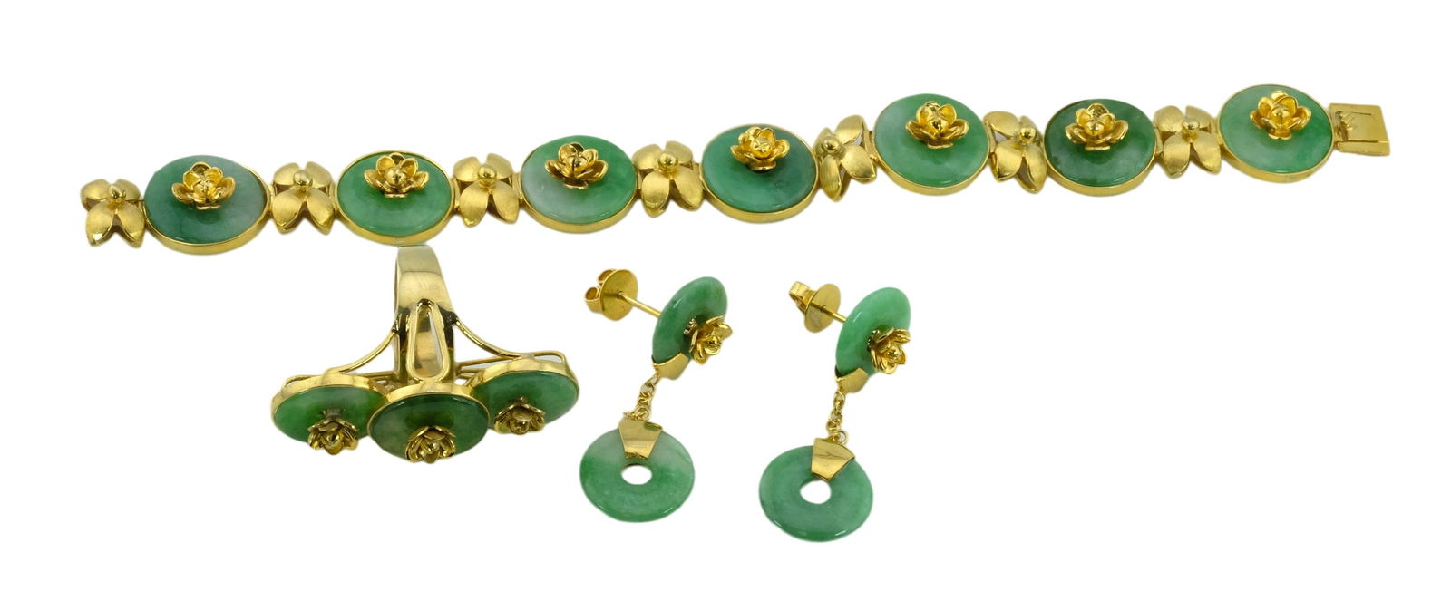 12K Yellow Gold Green Jade Ring Earrings and Bracelet Set (1 of 5)