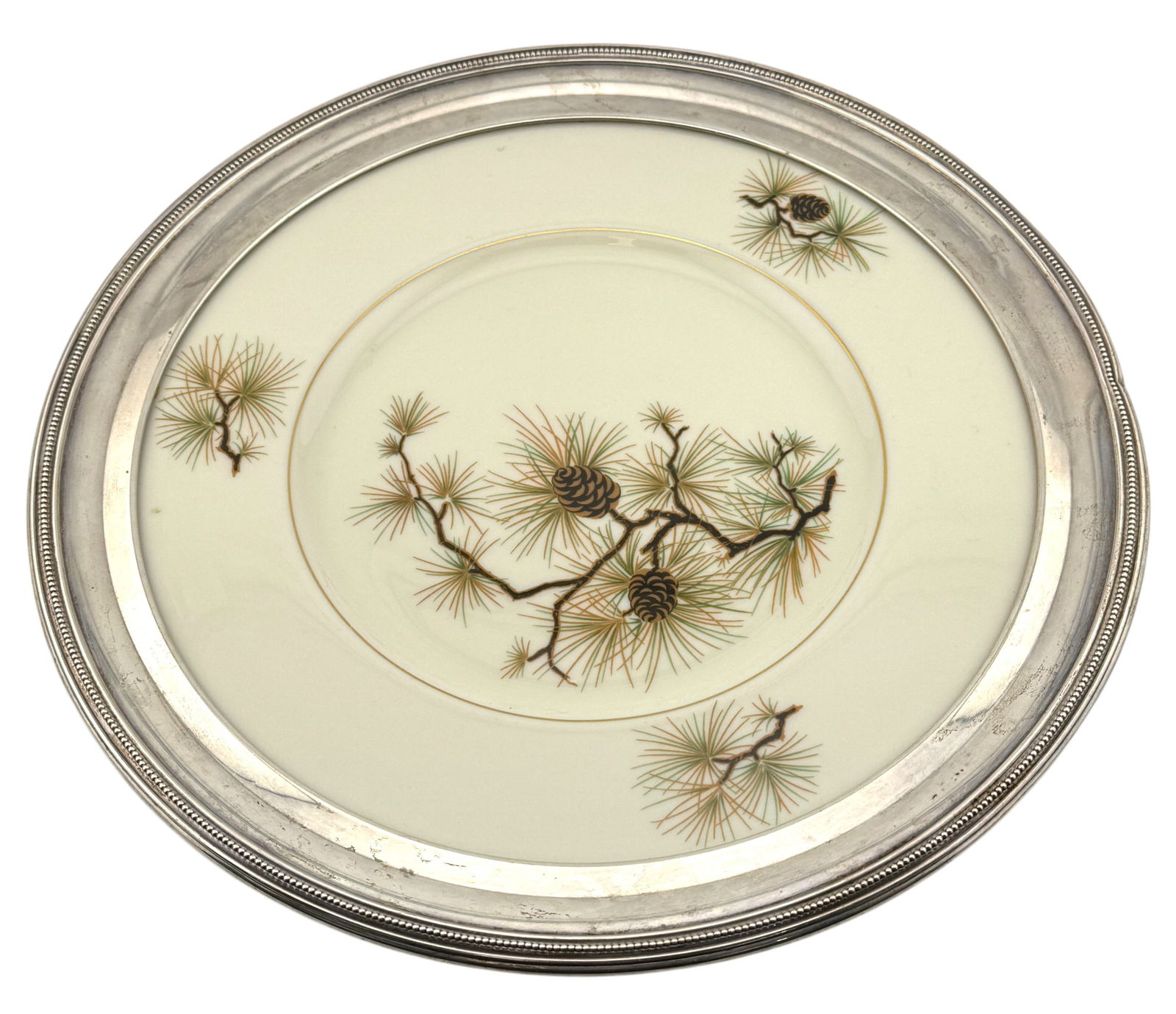 Lenox Pine Pattern Bone China Plate with Sterling Silver Rim: Lenox Pine Pattern Bone China Plate with Sterling Silver Rim. Diameter 12.5"