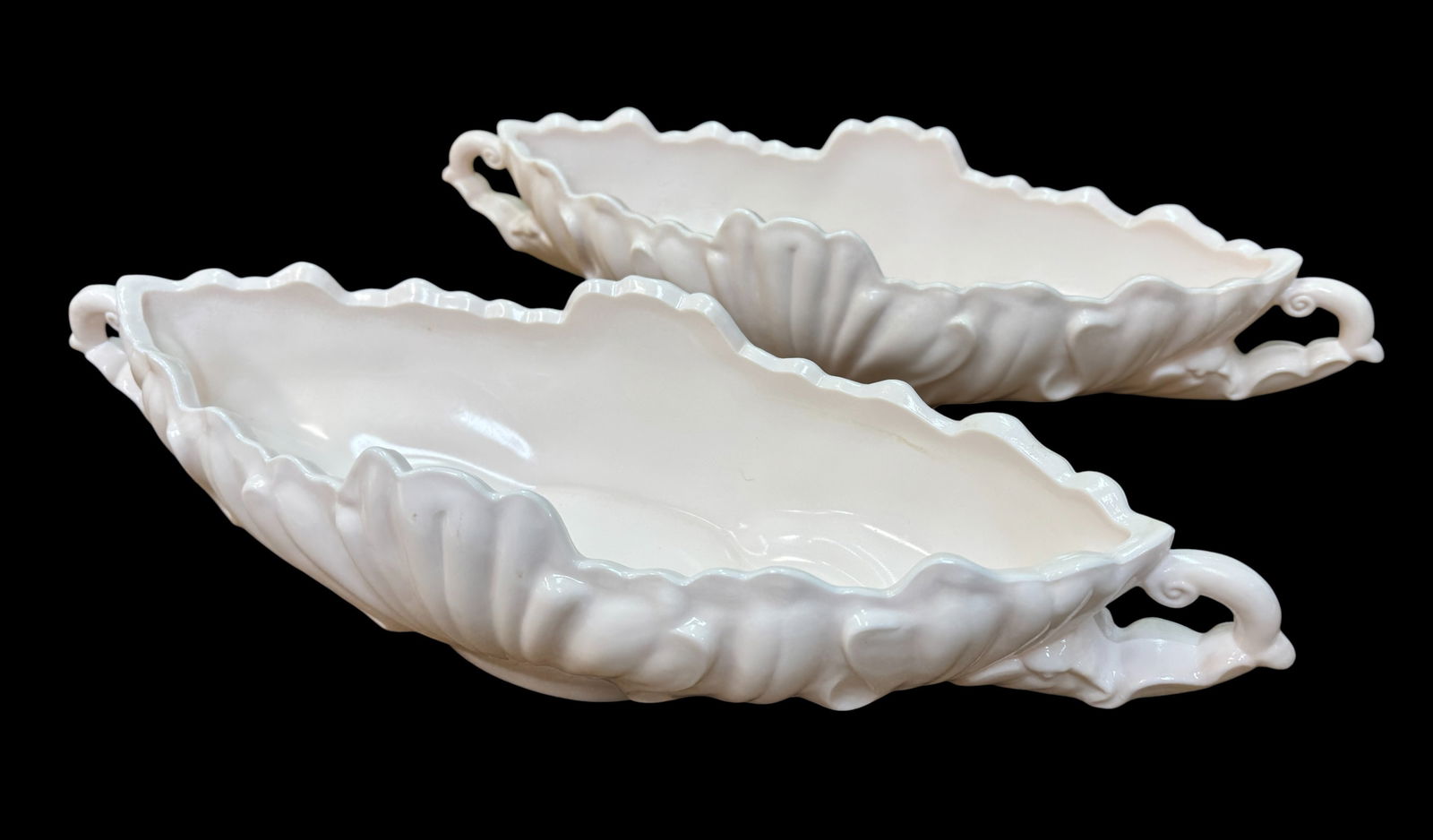 Pair of Jeanette Shell Pink Milk Glass Gondola Fruit Bowls: Pair of Jeanette Shell Pink Milk Glass Gondola Fruit Bowls. 17" x 4" x 5"