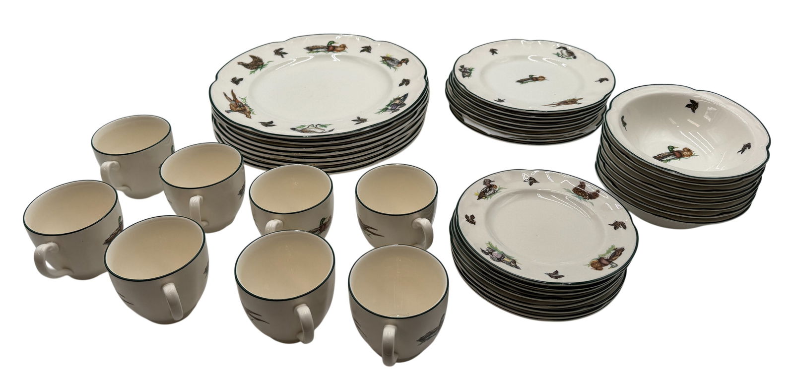 (40 Pieces) Johnson Borthers Brookshire Earthware Wildlife: (40 Pieces) Johnson Borthers Brookshire Earthware Wildlife. Include 8 dinner plates, 8 salad plates, 8 bread butter plates, 8 soup bowls and 8 tea cups. Largest 10" in diameter