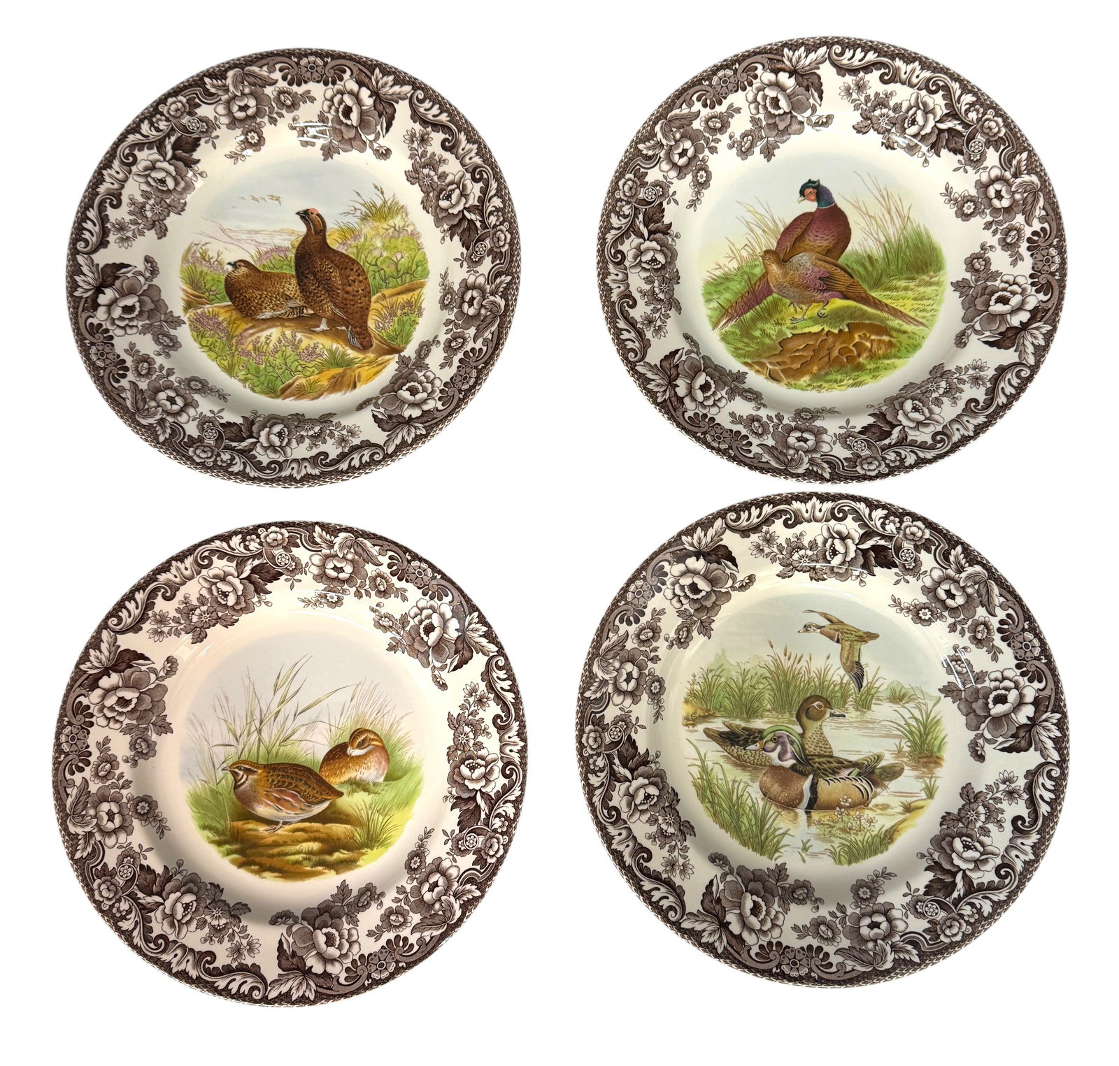 (Lot of 4) Spode Woodland Series Dinner Plates: Lot of 4 Spode Woodland Series Dinner Plates. Include Quail, Red Grouse, Wood Duck and Pheasant Plates. Size 11" diameter.