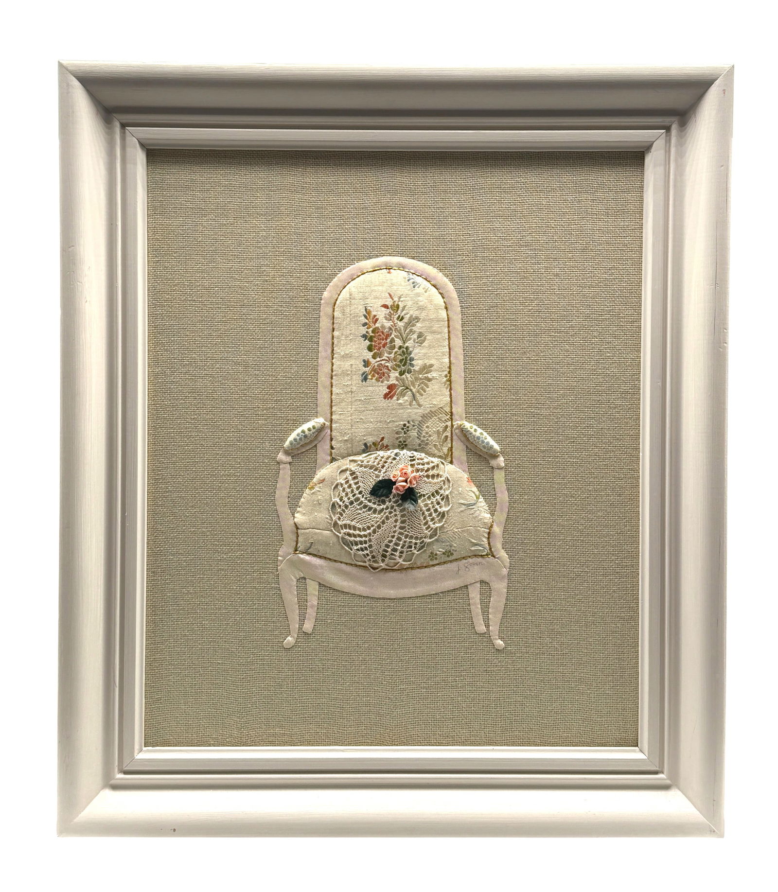 Vintage Framed Embroilery Art of Chair Signed.: Vintage Framed Embroilery Art of Chair Signed J. Govin. Frame dimension 22" x 19" a/r