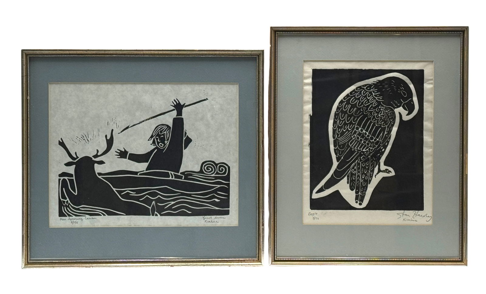 Lot of 2 Inuit Lithographs "Man Spearing Carabou" and Eagle" Signed (1 of 5)