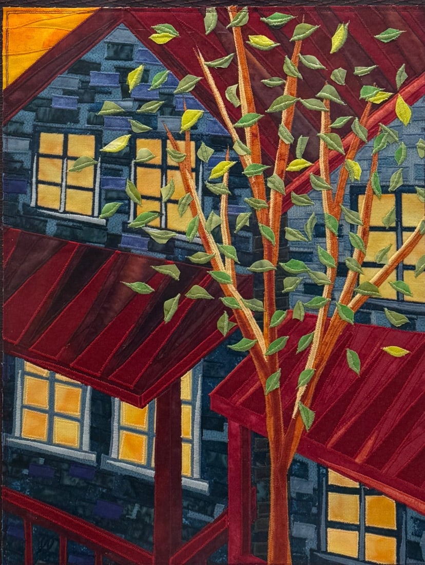 Stitching Fiber Painting "Blue House" Lubbesmeyer Studio (1 of 4)