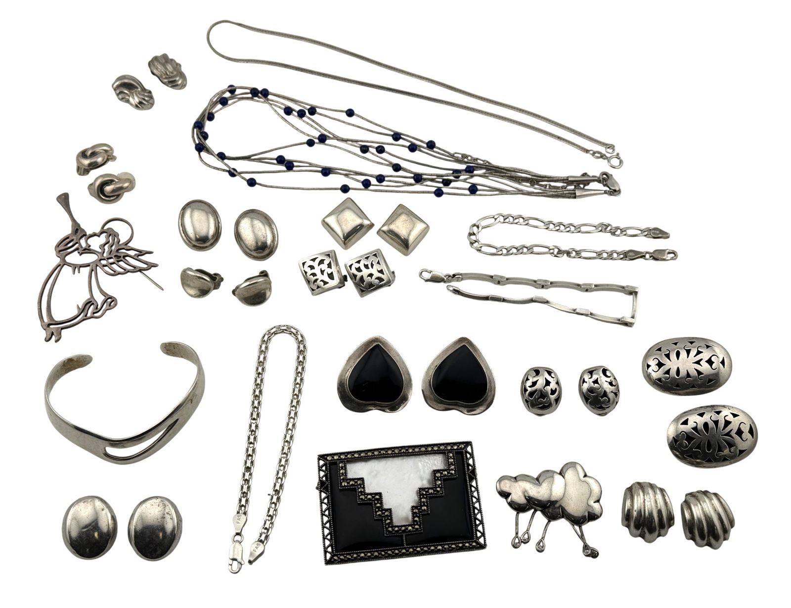 Collection of Sterling Silver Jewelry: Collection of Sterling Silver Jewelry. Include earrings, bracelets, necklace and brooches. All marked "925" or "Sterling."