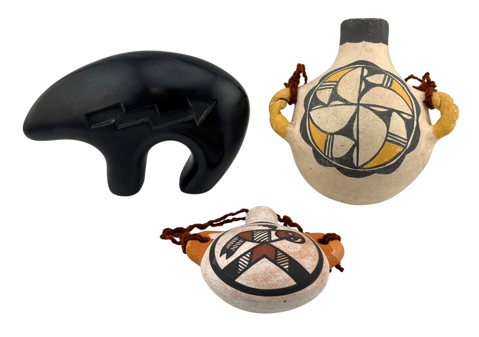 Native America Pottery - Santa Clara Bear and Acoma Canteens: Native America Pottery - Santa Clara Bear and Acoma Canteens. Largest 5.5" x 2.5" x 3.5"