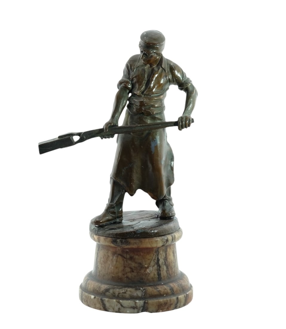 Patinated Bronze figure Metal worker on tinted alabaster base (1 of 3)