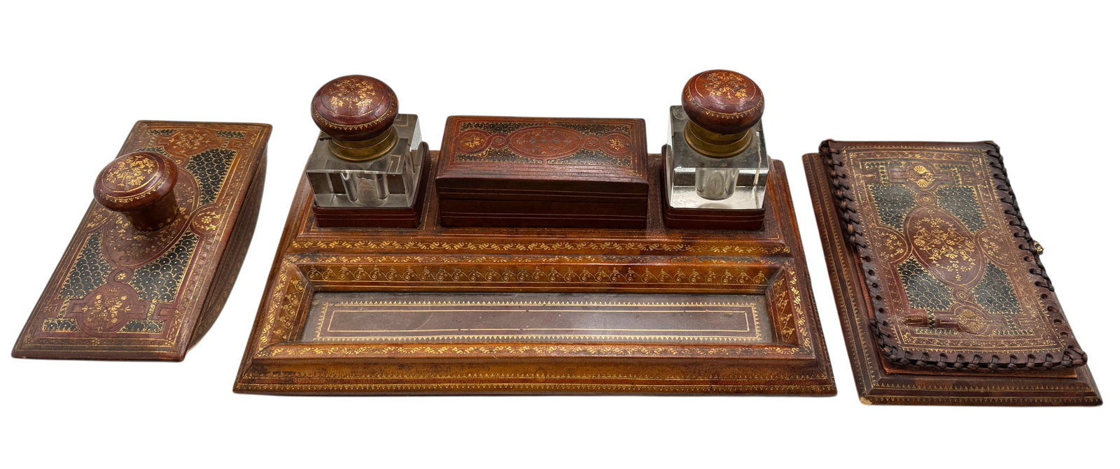 Vintage Leather Gilt Tooled Inkstand Desk Stamps (1 of 4)