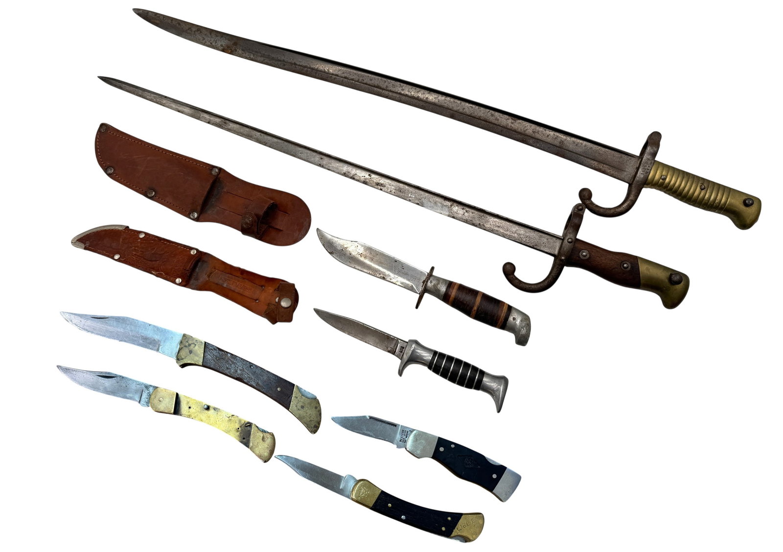 Mid-19th Century French Bayonets, Vintage Hunting Knives and Buck Knives: Mid-19th Century French Bayonets, Vintage Hunting Knives and Buck Knives. Condition: Some rust on blades. Longest 27"