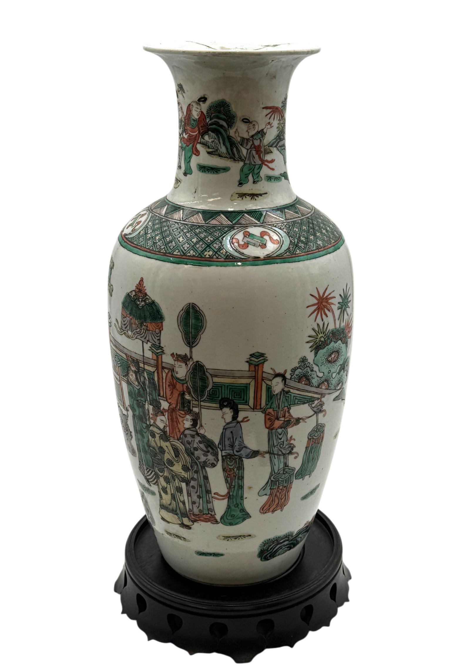 A Large Chinese Famille Verte Style Porcelain Vase on Wooden Stand (1 of 4)