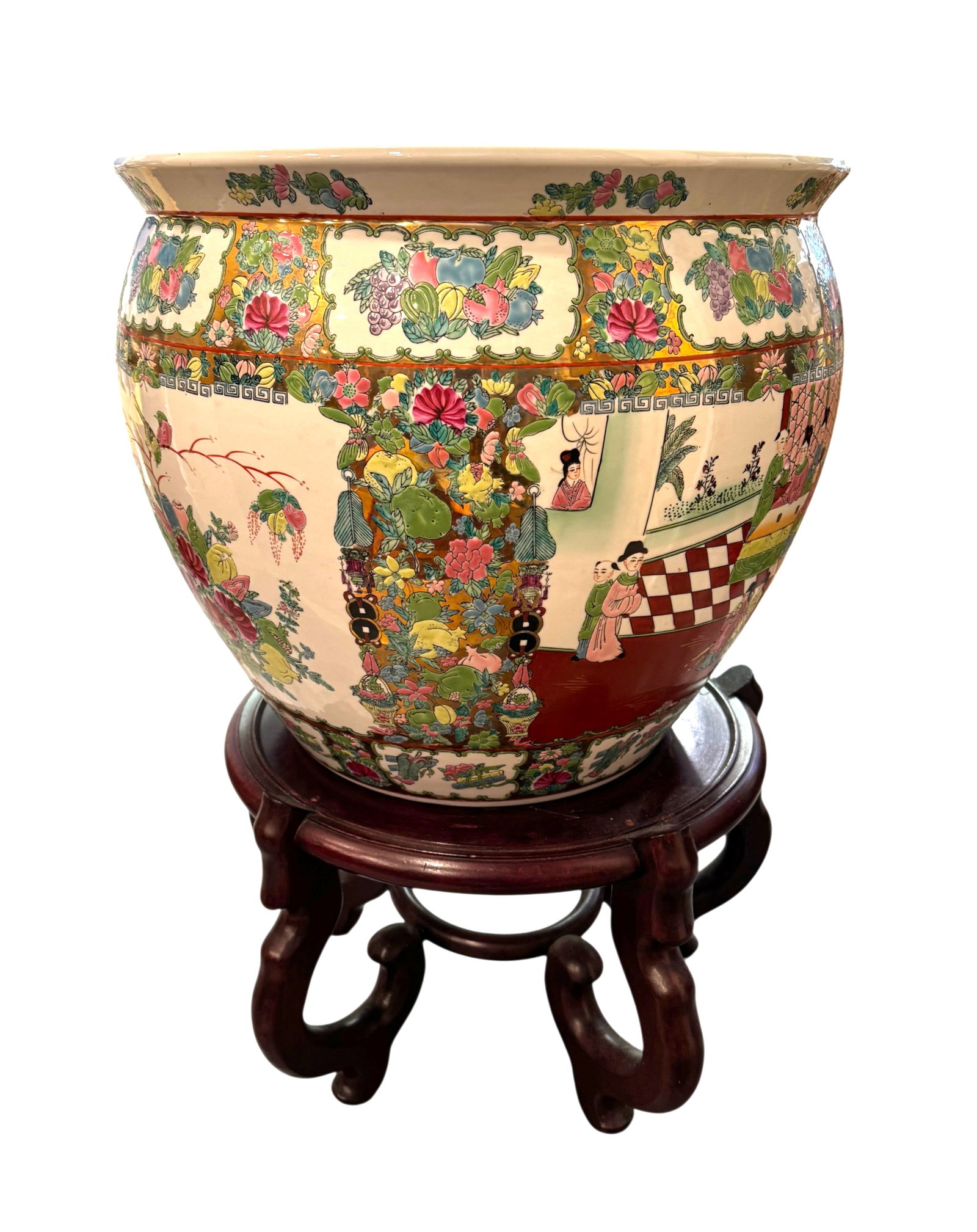 A Large Chinese Famille Medallion Pattern Fishbowl Planter on Wooden Stand (1 of 5)