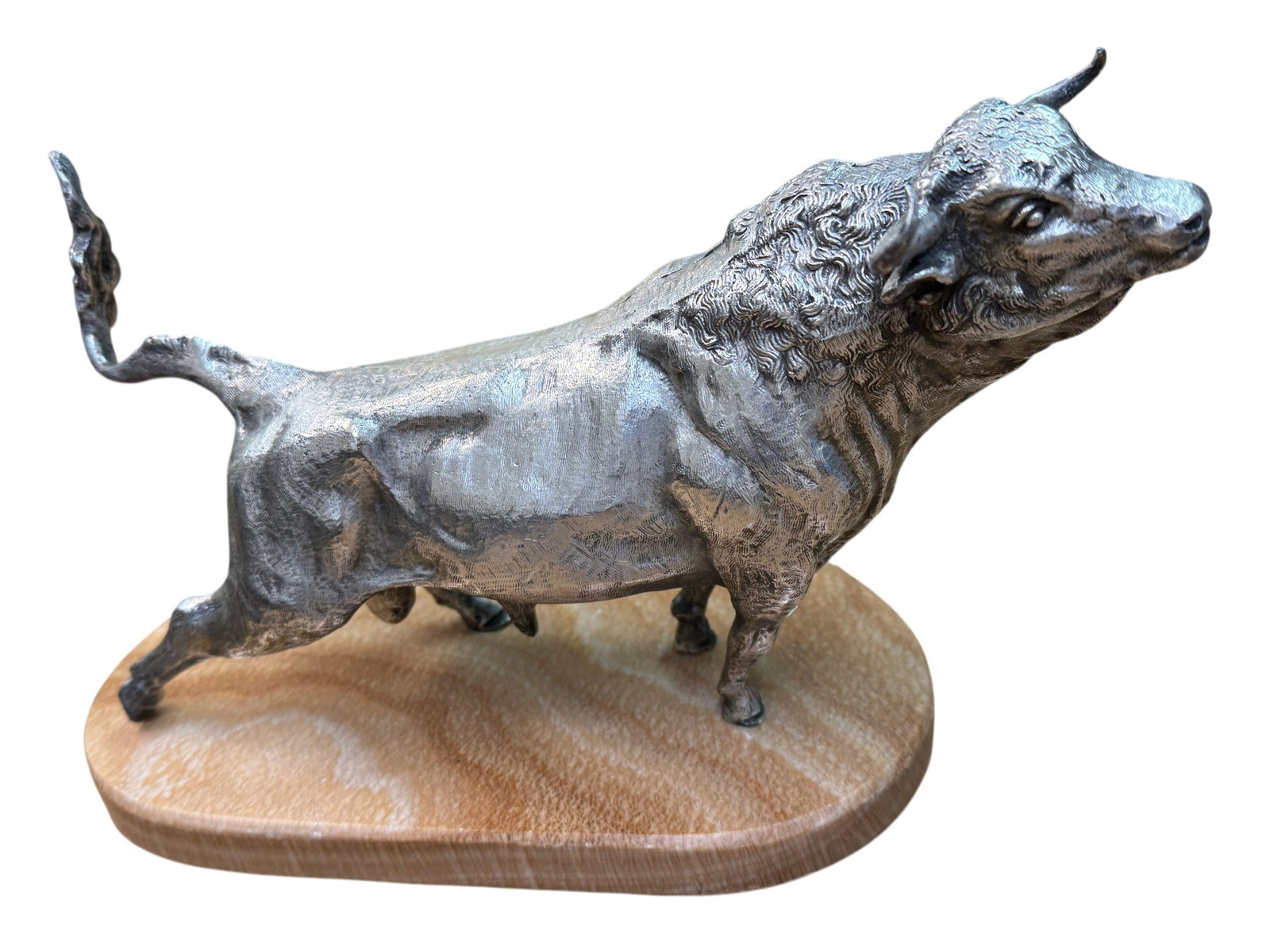 Italian Silver over Bronze Bull with Marble Base Sculpture (1 of 3)