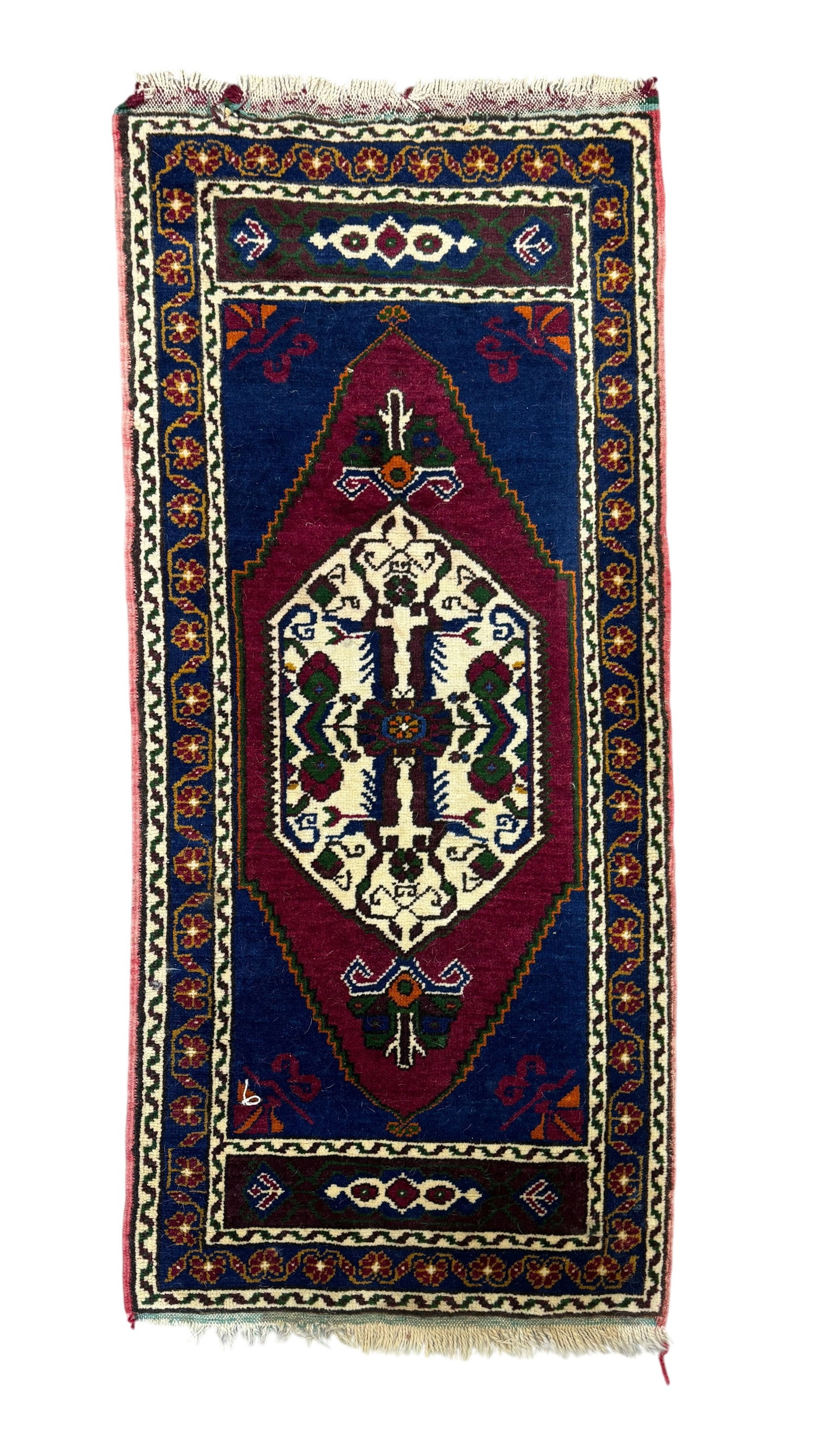 Small Turkish Runner Rug: Small Turkish Runner Rug. Condition: Some losses to fringe. Dimension: 21" x 49" A/R