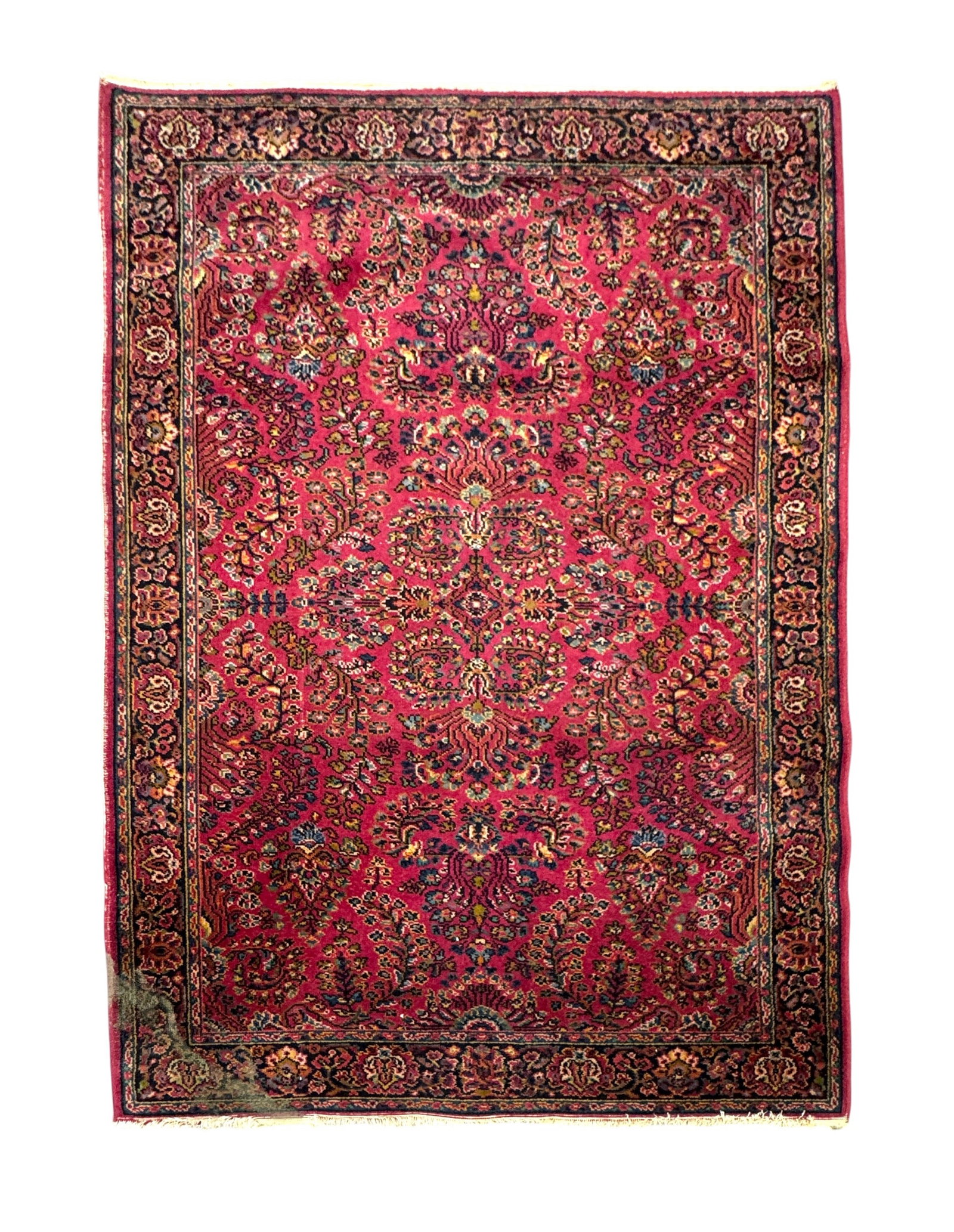 Persian Sarouk Hand Wooven Rug: Persian Sarouk Hand Wooven Rug. Condition: Stain on one corner. Some losses on edge. Please see picture. Dimension: 51" x 72"