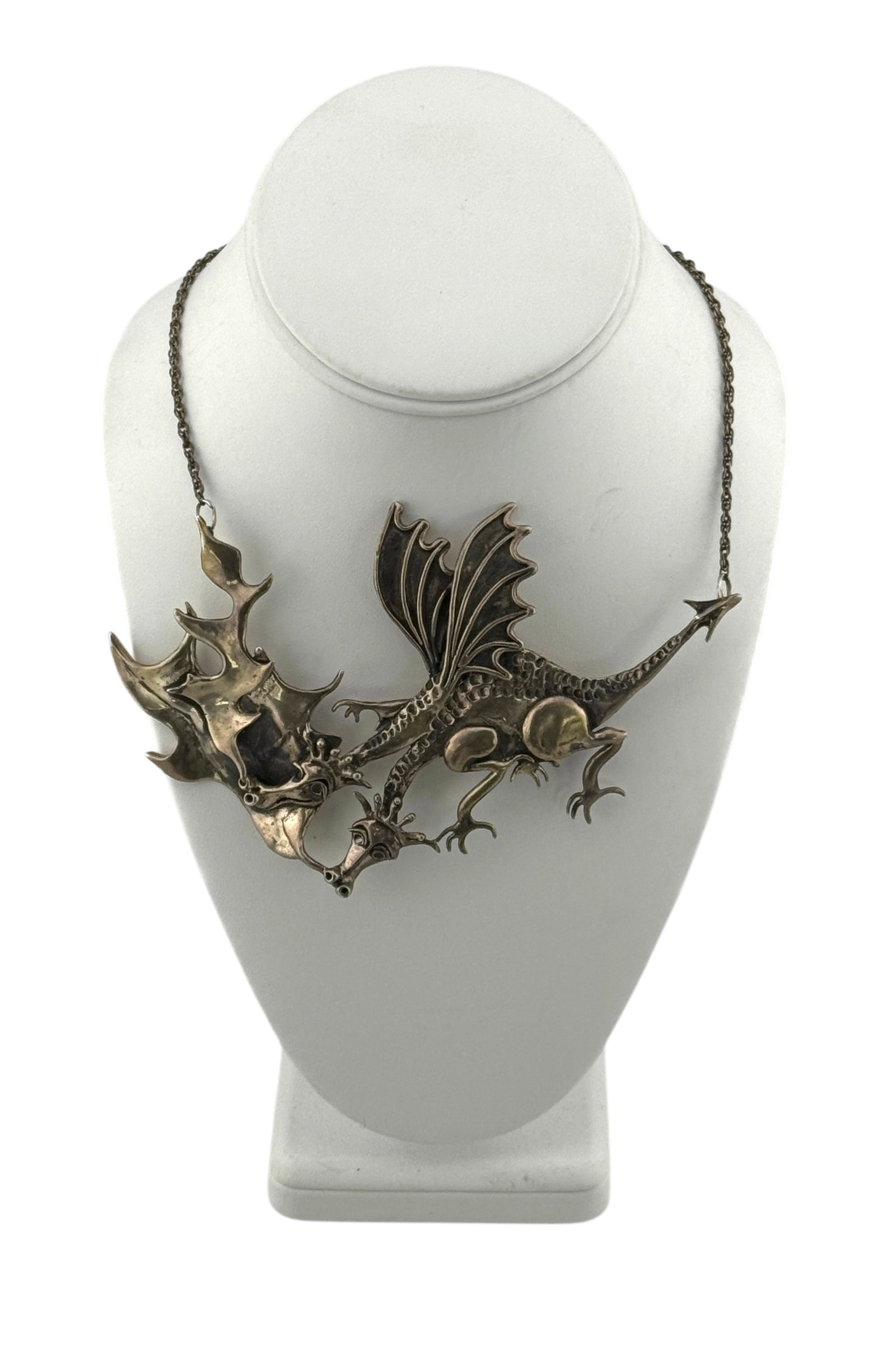 Marty Magic Sterling Silver Two Headed Flame Dragon Necklace by Marty Macklin C. 1976: Marty Magic Sterling Silver Two Headed Flame Dragon Necklace by Marty Macklin C. 1976. Marked "Ster" and scanned with XRF for Sterling Silver. Length 17" and weights 96.2 grams