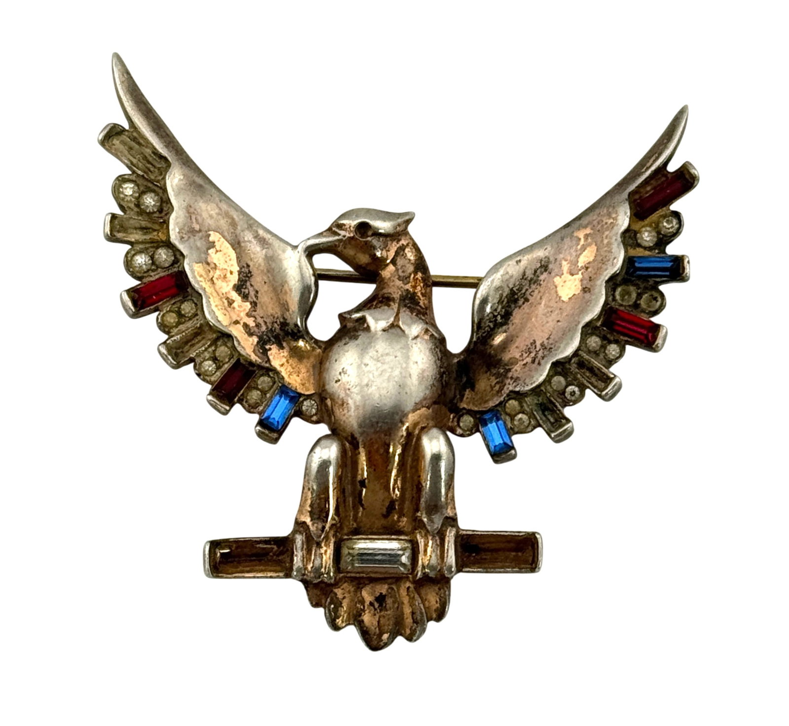 Signed Nordic Sterling Silver Patriotic American Eagle Pin with Red and Blue Jewels (1 of 3)