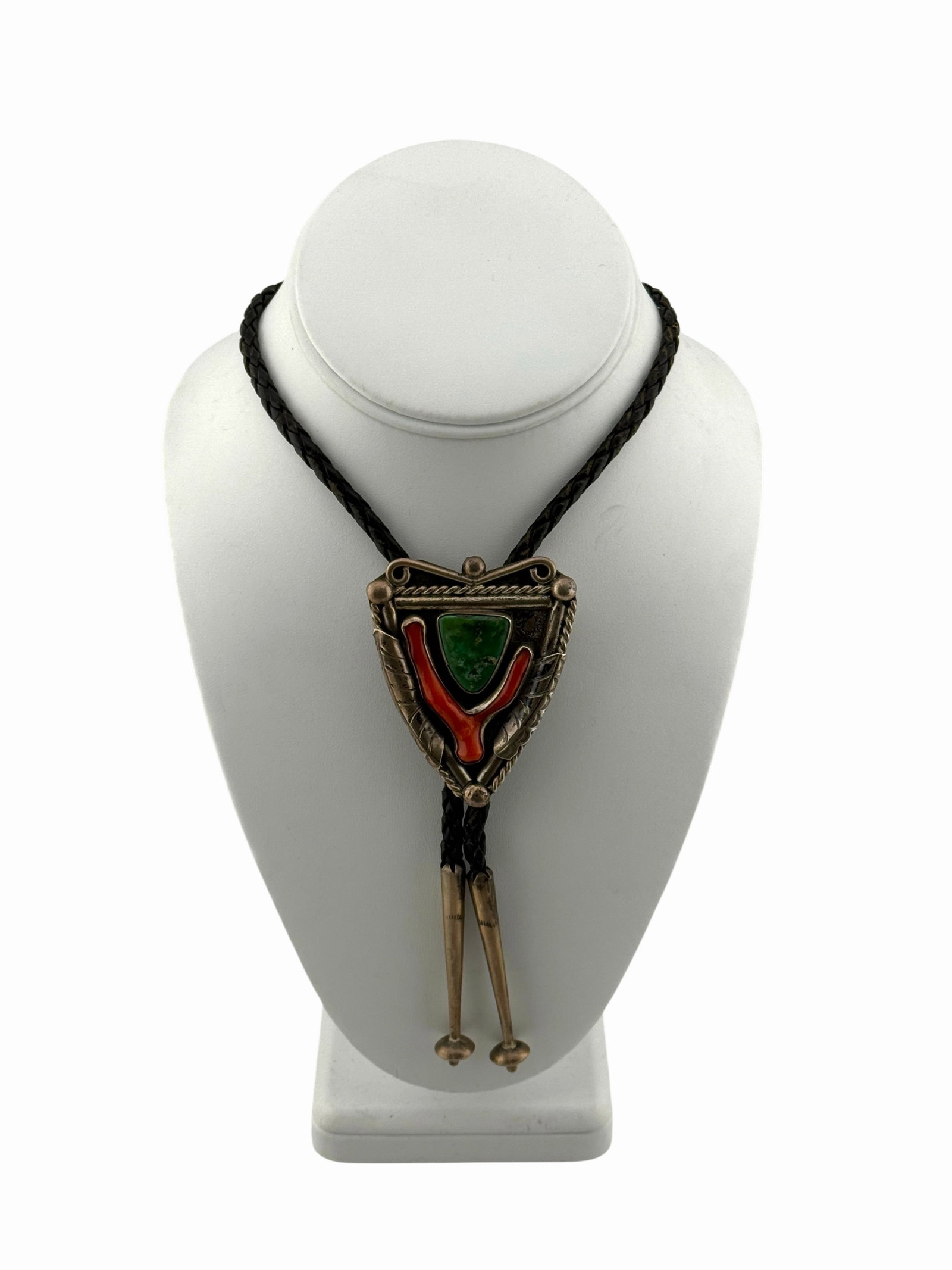 Vintage Native American Navajo Sterling Silver Green Turquoise and Coral Bolo Tie (1 of 4)