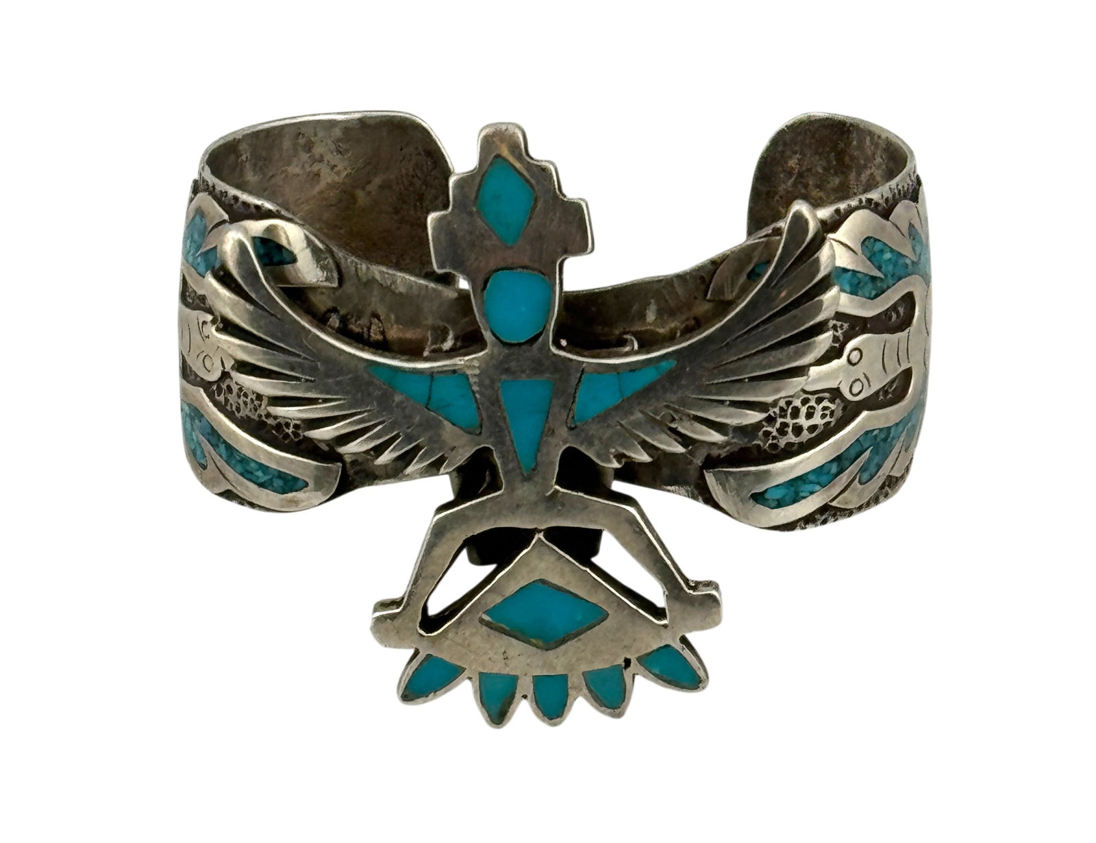 Navajo Sterling Silver Thunderbird & Peyote Bird Turquoise & Coral Bracelet (1 of 3)