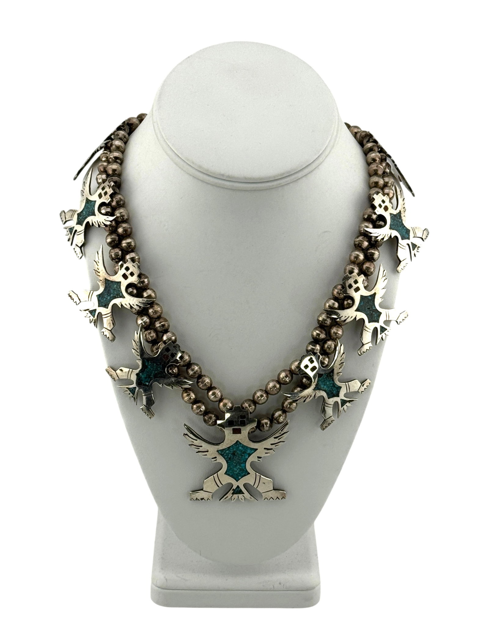 Navajo Sterling Silver Knifewing /Kachina Turquoise Squash Blossom Necklace (1 of 5)