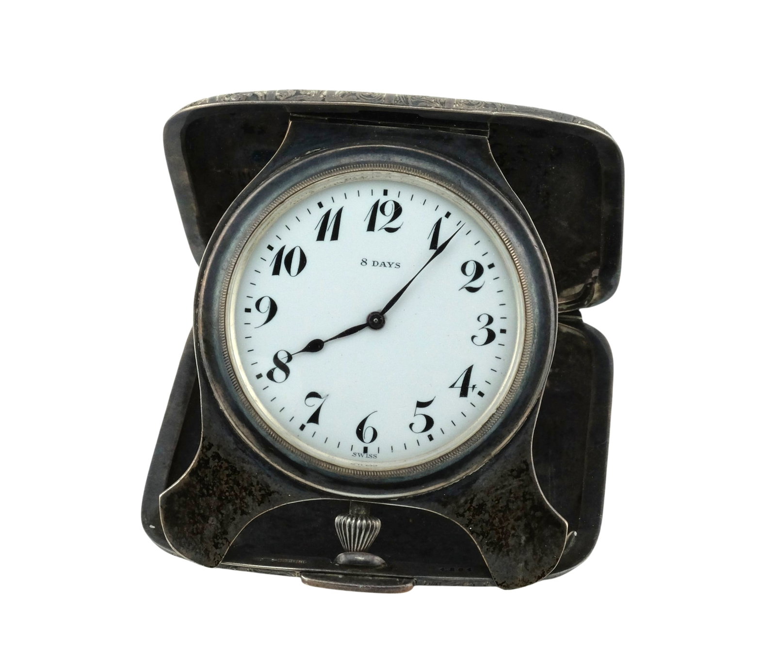 8 Days Sterling Silver 15 Jewels Travel Clock: 8 Days Sterling Silver 15 Jewels Travel Clock. Has monogram on the top of case. Case size 3.5" x 3" and weights 234 grams including movement. Condition:Watch running at time of cataloging. However, we
