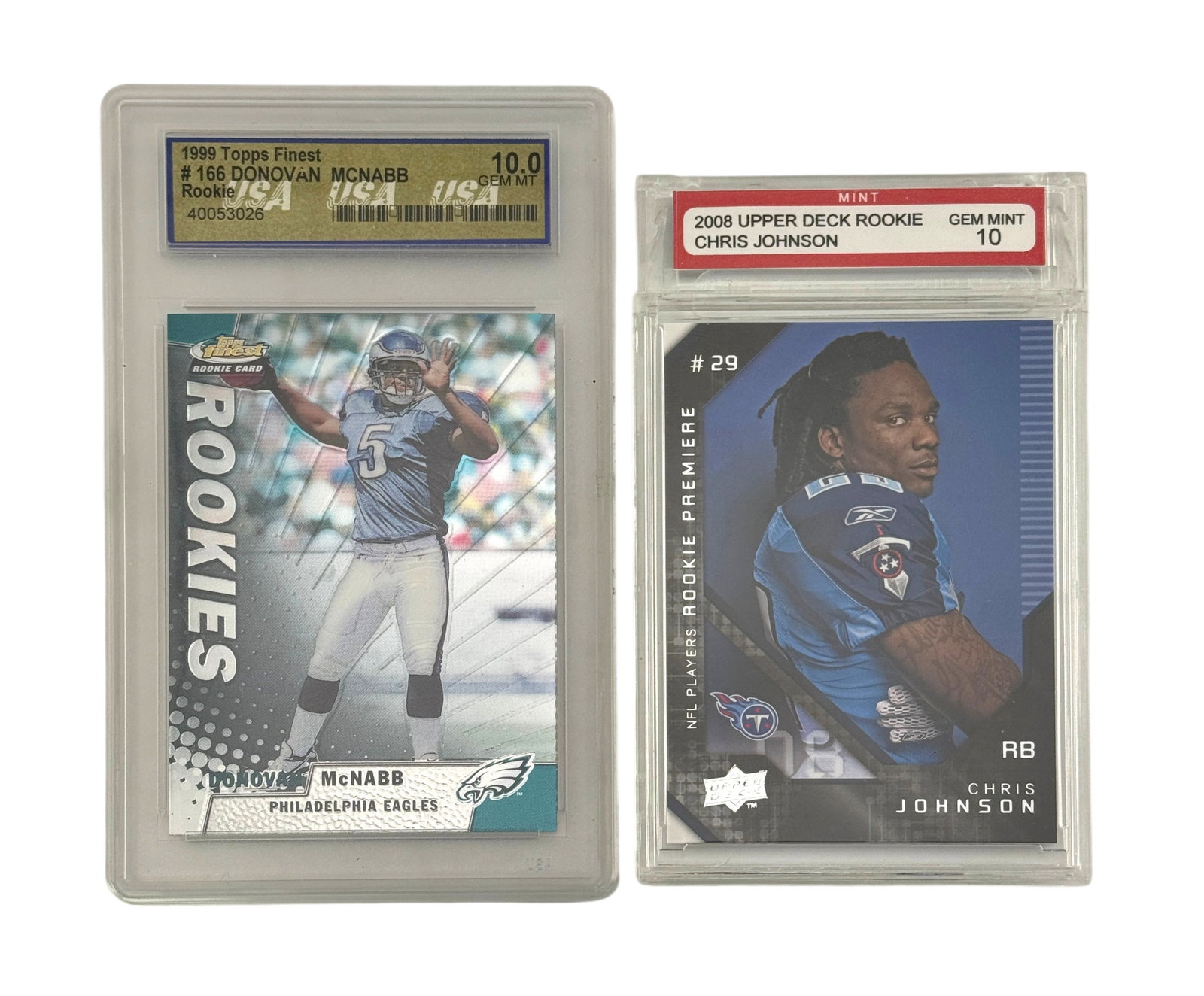 1999 Donovan McNabb Topps RC and 2008 Chris Johnson RC Graded Football Cards (1 of 2)