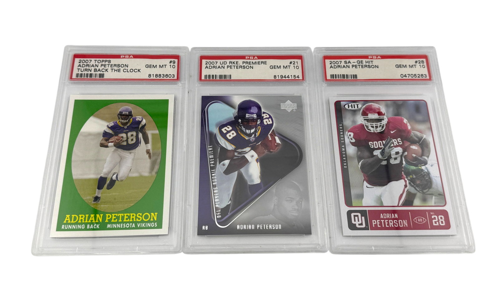 Lot of 3 Adrian Peterson Graded Gem MT 10 PSA Football Cards (1 of 2)