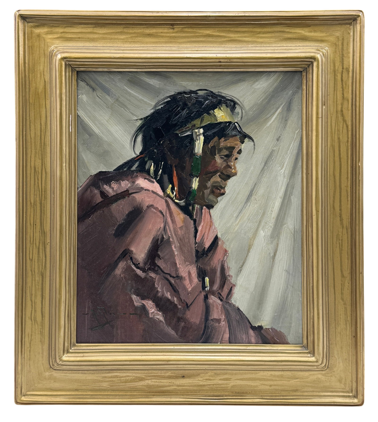 Eustace Paul Ziegler (American, 1881-1969) "Native American" Oil on Canvas Board: Eustace Paul Ziegler (American, 1881-1969) "Native American" Oil on Canvas Board. Signed lower left corner and Gumps sticker on verso. Frame dimension 16.5" x 14.5"