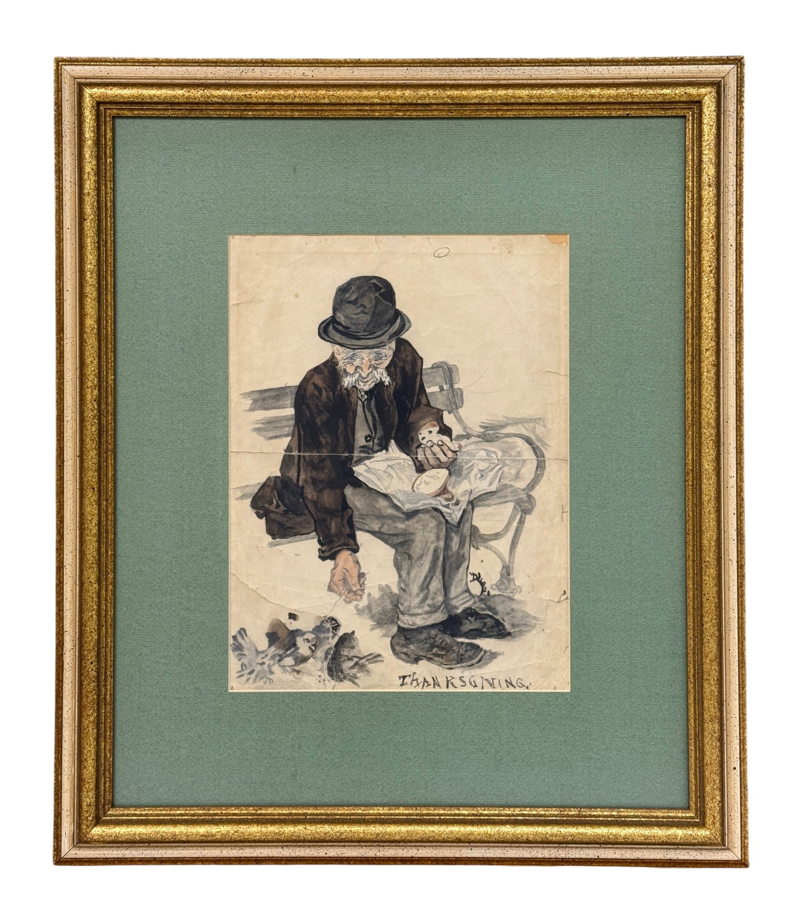 Antique Watercolor on Paper "Tramp feeding the Birds" After Joseph Christian Leyendecker (1 of 3)