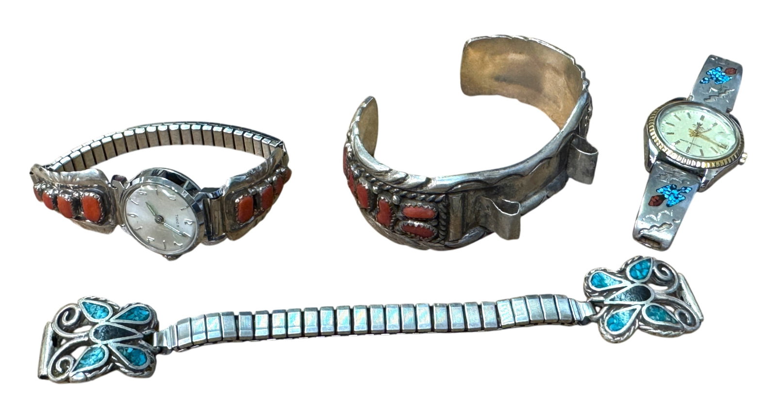 (Lot of 4) Native American Sterling Silver Coral and Turquoise Inlay Watches and Bracelets (1 of 2)