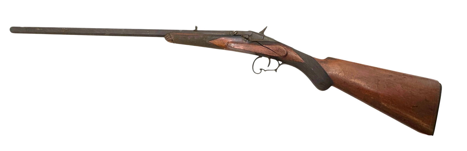 Belgian Flobert Single-Shot Parlor 22 Rifle: Belgian Flobert Single-Shot Parlor 22 Rifle. Full length 39." Condition: missing a screw, cracks, and tarnish