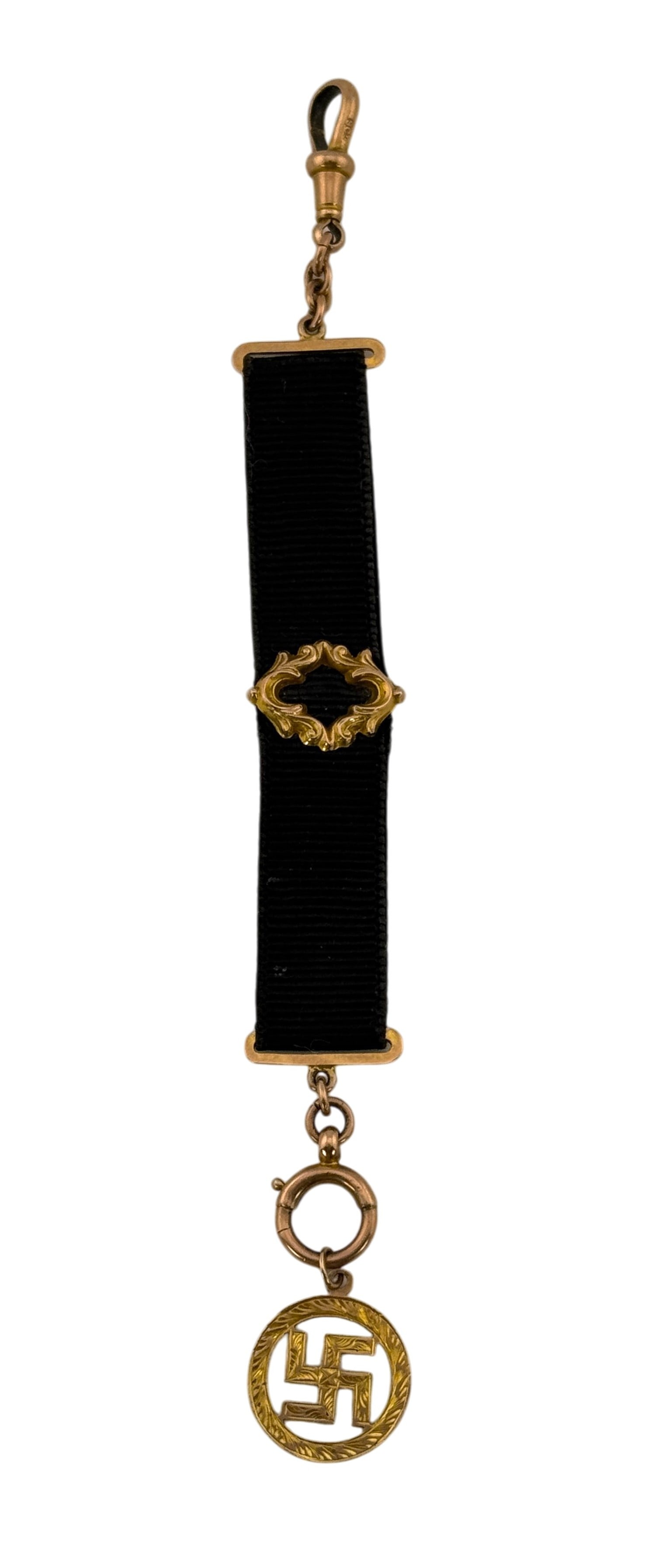 Antique Victorian 9KT Gold Fob with Swastika Pendant: Antique Victorian 9KT Fob with Swastika Pendant. Fob marked "9ct" and Pendant marked "RJ 375."