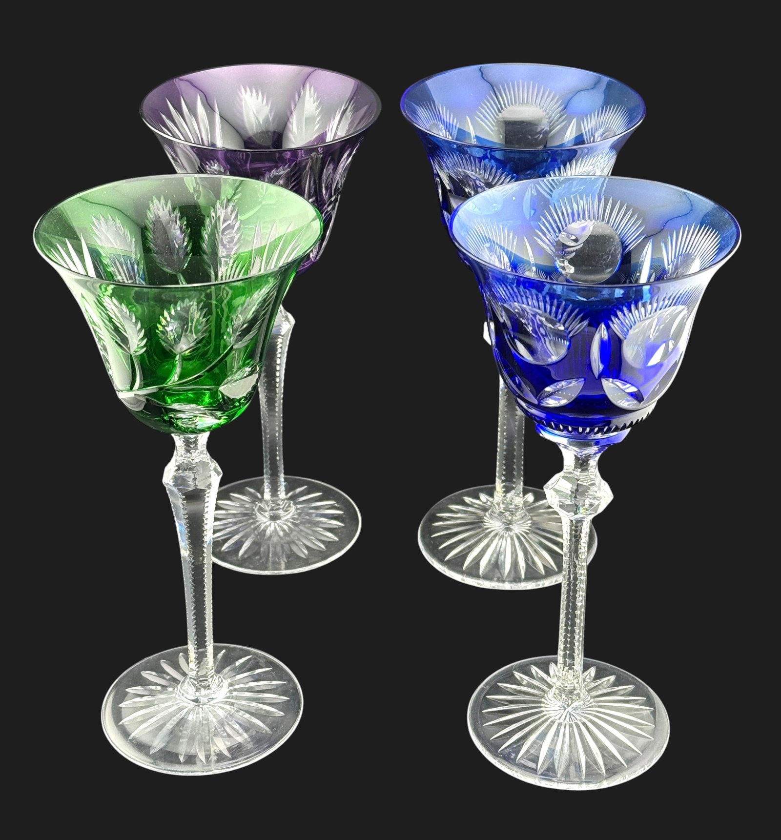 (Set of 4) Bohemian Jewel Tone Cut-To-Clear Crystal Hock Glasses (1 of 2)