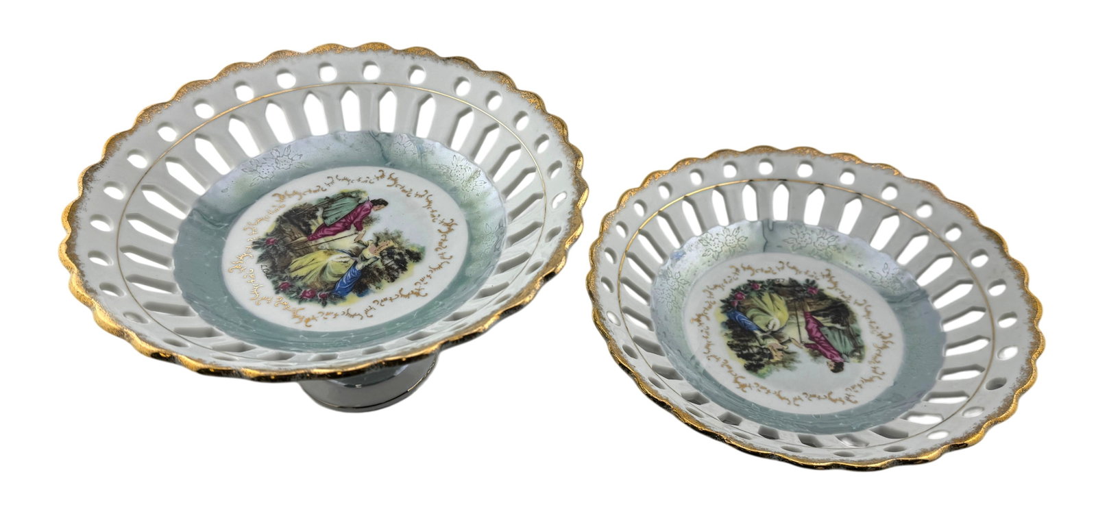 Arnart Creation Courtship Pedestal Compote and Bowl: Arnart Creation Japan 1950-60's reticulated porcelain "Courtship" Pedestal Compote and Bowl. Bowl has built-in hook for wall display. No visible condition issues. Dimensions: 8" x 2" and 4.5." A/R