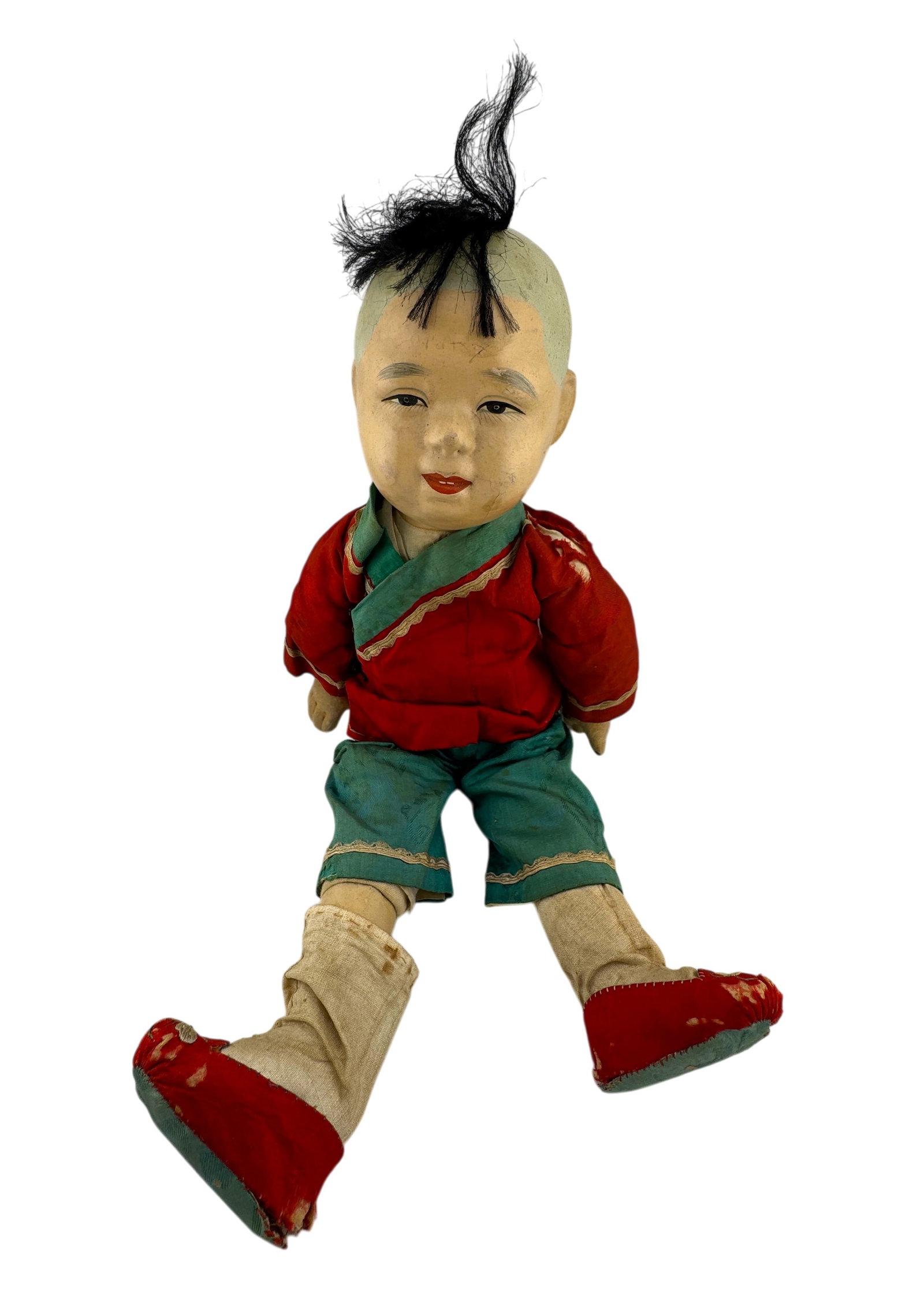 Vintage Papier-Mâché Composition Chinese Boy Doll: 1930's papier-mâché composition Chinese boy doll in hard to find large 15" size, traditional silk clothing. Condition: Please see photos; damage to papier-mache and clothing from ageand