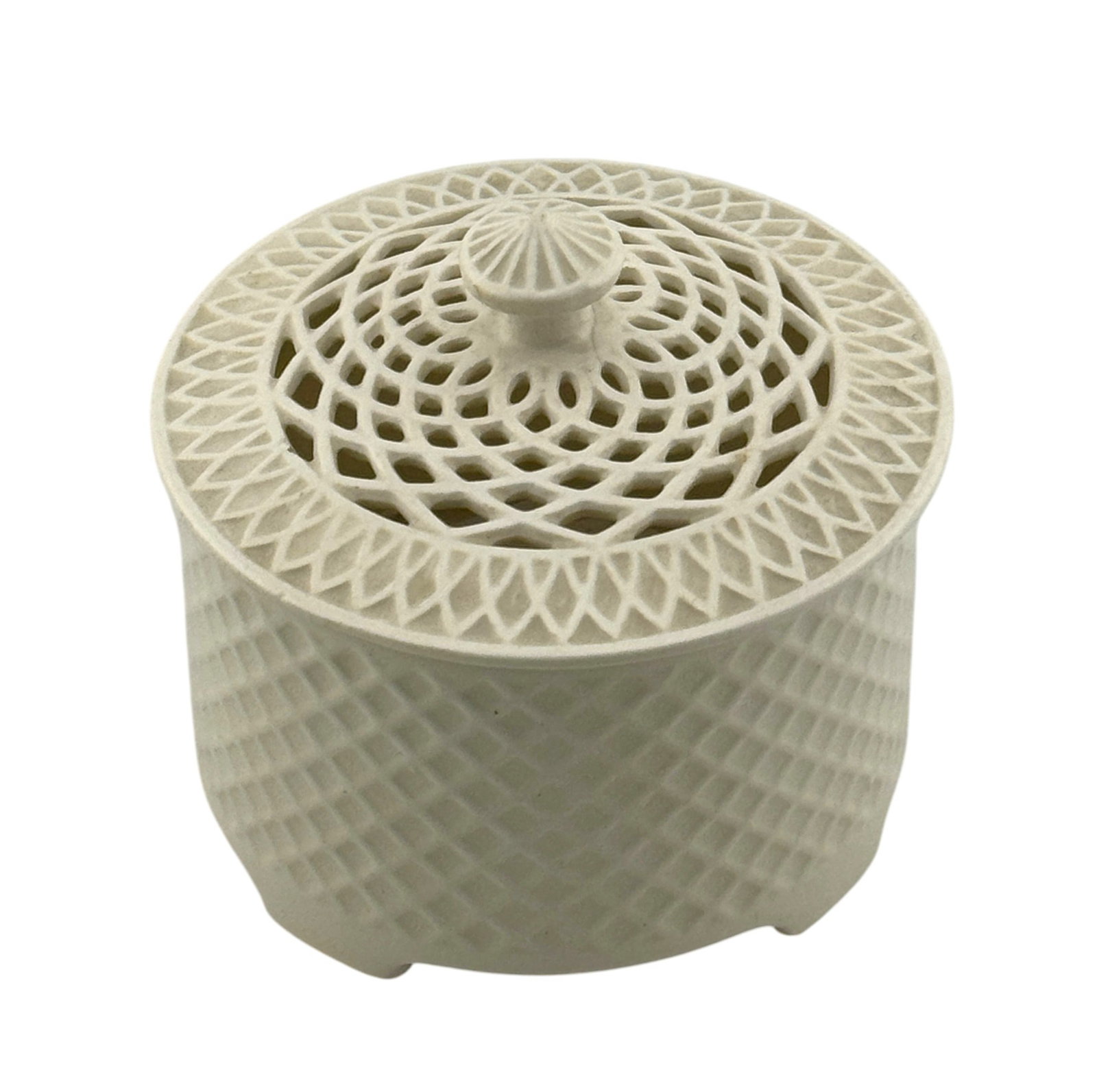 Max Roesler Reticulated Lidded Box: Max Roesler Rodach RMR Bavaria porcelain reticulated lidded box, late 19th century marked 4585-86. Excellent condition. Dimensions: 3" x 3.25."