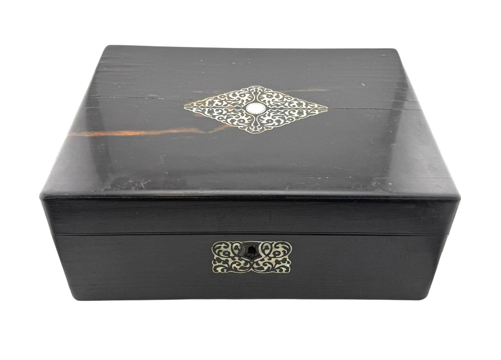 1840s Sewing Kit in Wooden Chest with Mother of Pearl: 1840s Sewing Kit in Wooden Chest with Mother of Pearl. Dimension: 12" x 5" x 9." Condition: Wood cracks, missing key, wear due to age.