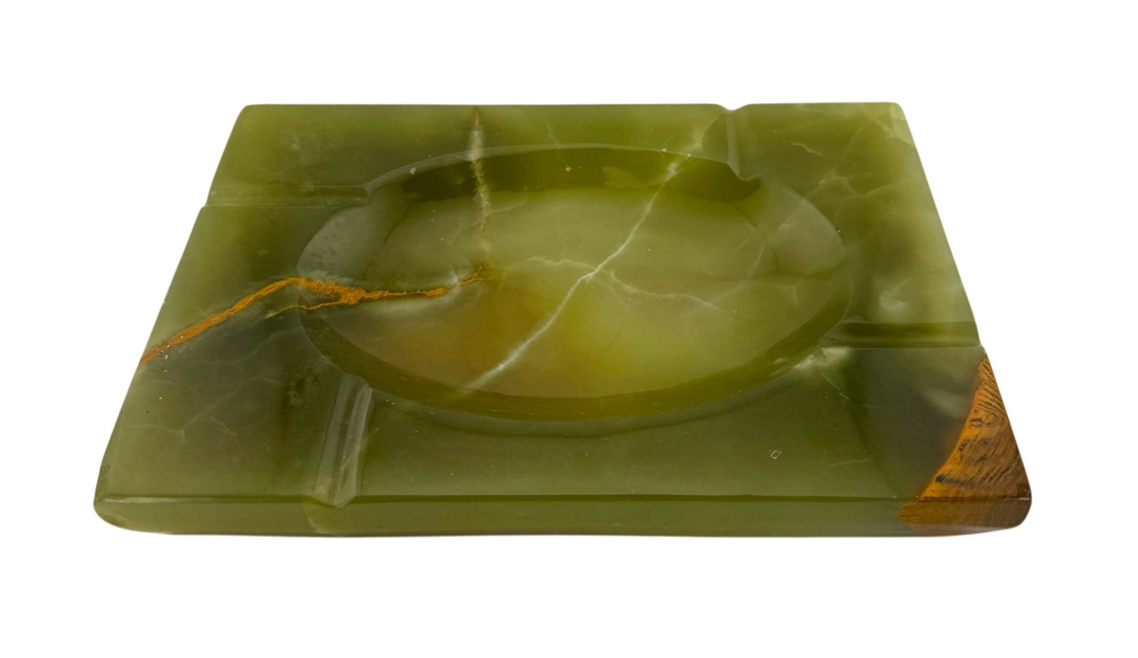 Large Green Onyx Ashtray: Large green polished onyx rectangular ashtray with four slots. Condition: chip on one corner. Dimensions: 8.5" x 6.5" x 1" J/M
