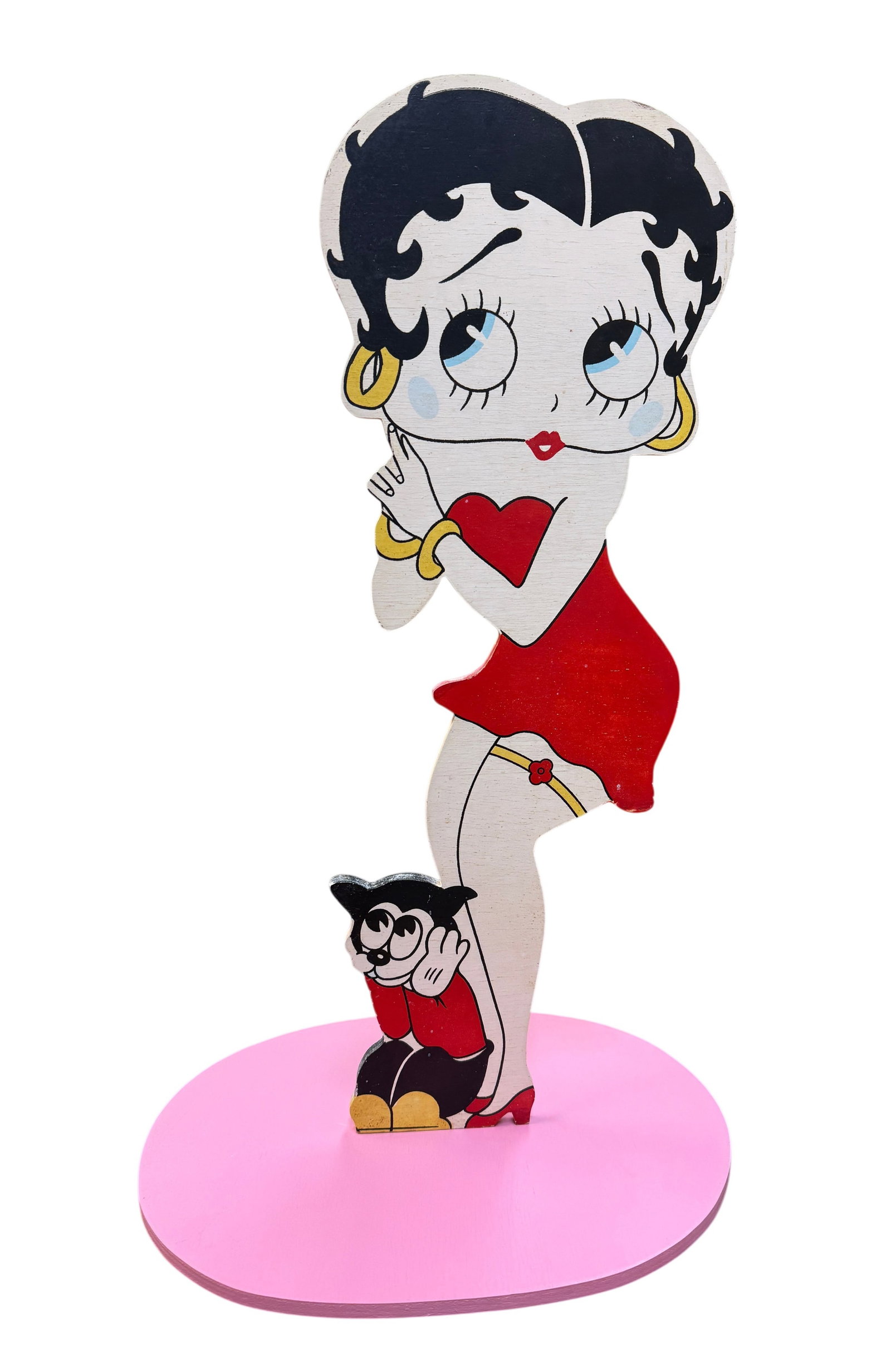 Betty Boop and Pudgy Wood Cutout: Vintage Betty Boop and Pudgy two-sided wood cutout with stand. Paint in good condition; minor wear. 20" x 8". A/R
